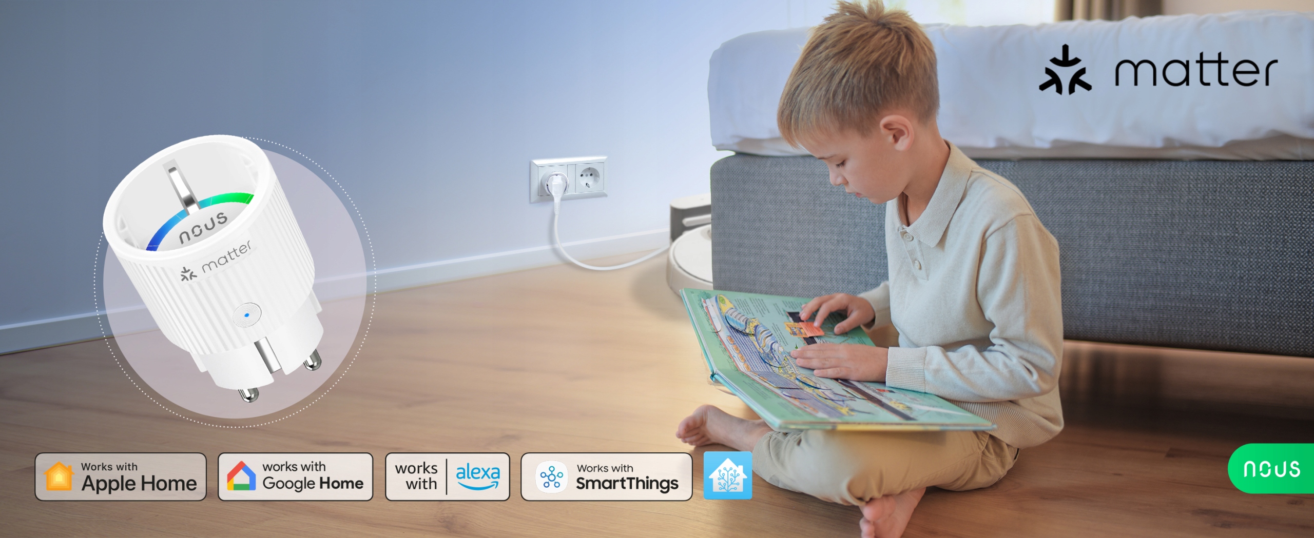 Gniazdo Smart Matter NOUS A8M 16A Home Assistant TUYA Apple HomeKit Cechy dodatkowe łączność z wifi