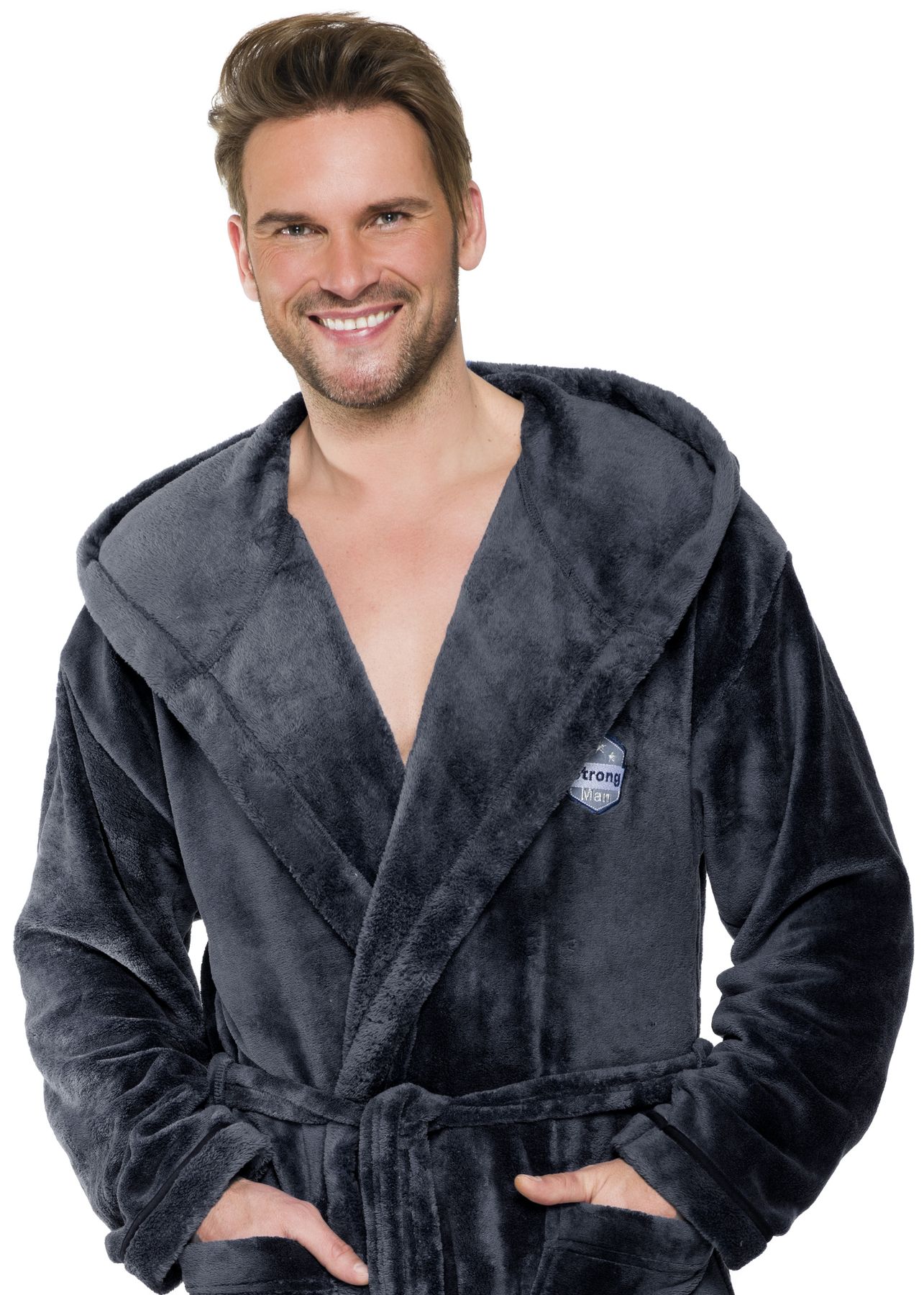 CIEPŁY MIŁY DŁUGI SZLAFROK MĘSKI Z KAPTUREM L Rozmiar L