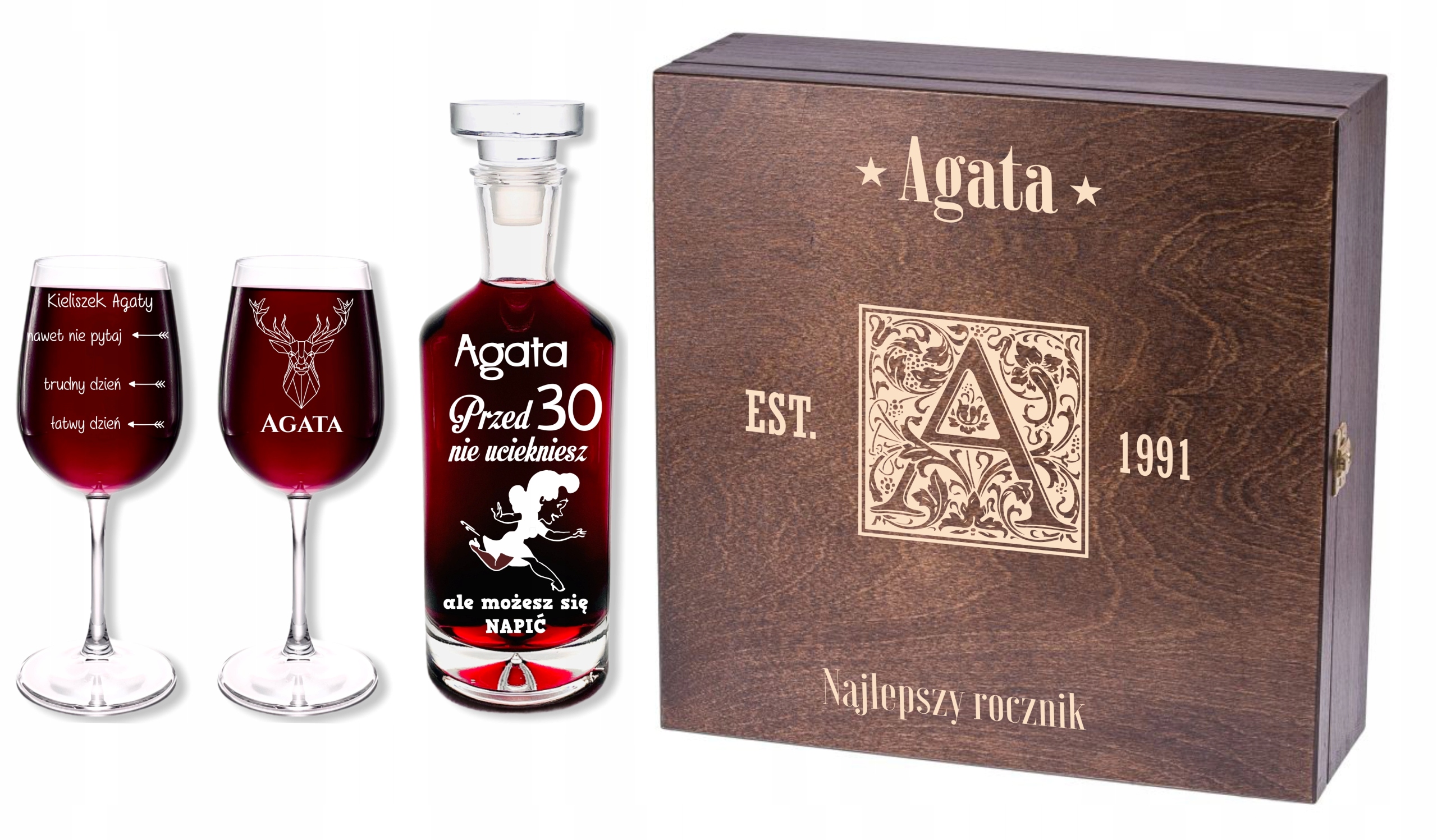 SKRZYNKA KARAFKA KIELISZKI Z GRAWEREM