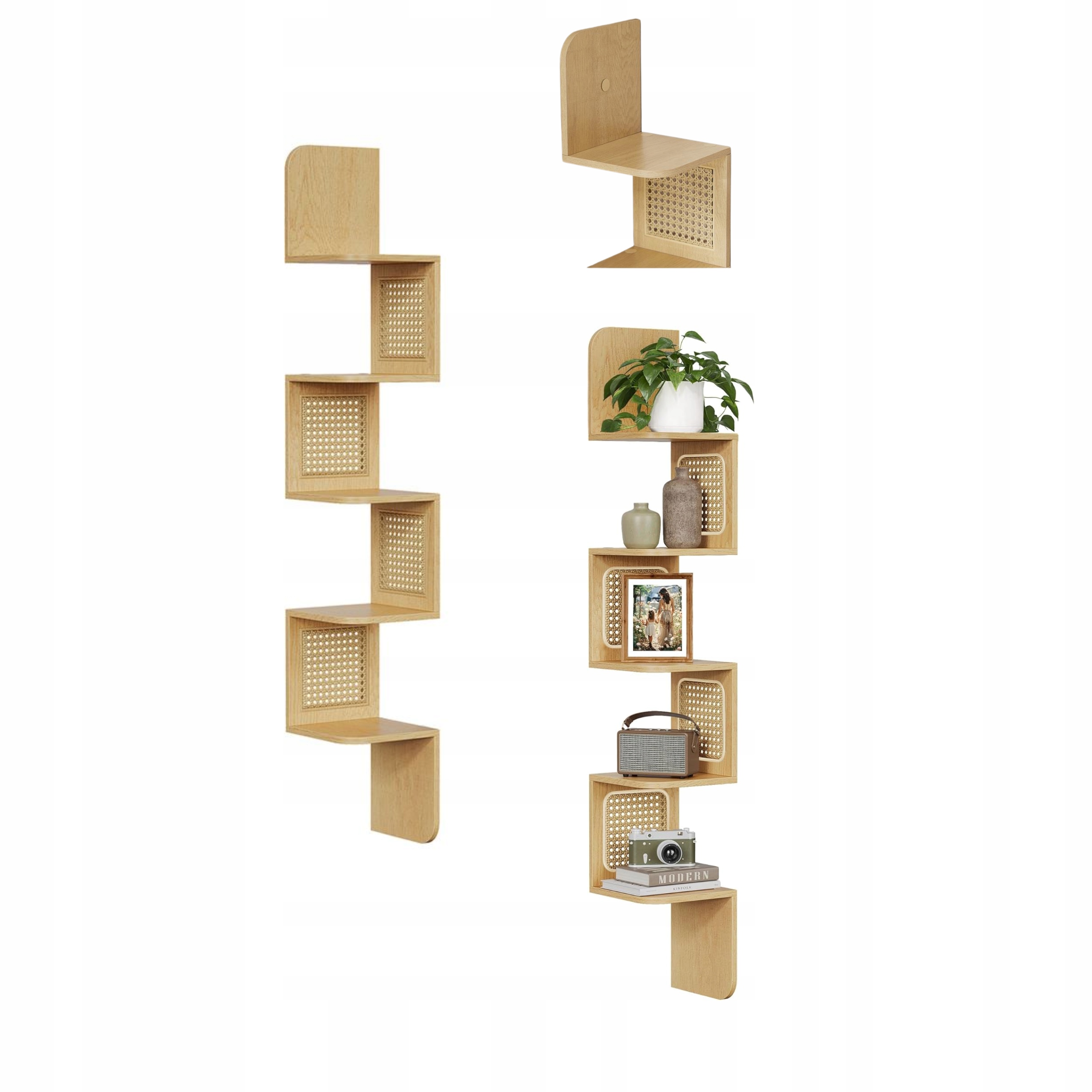 Závesná rohová polica 5 úrovní Boho Béžový ratan Blesk Bočné panely