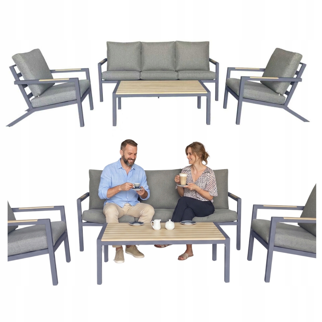 Meble Ogrodowe Aluminiowe Zestaw Duża Sofa 2 fotele Stolik Komplet Na Taras