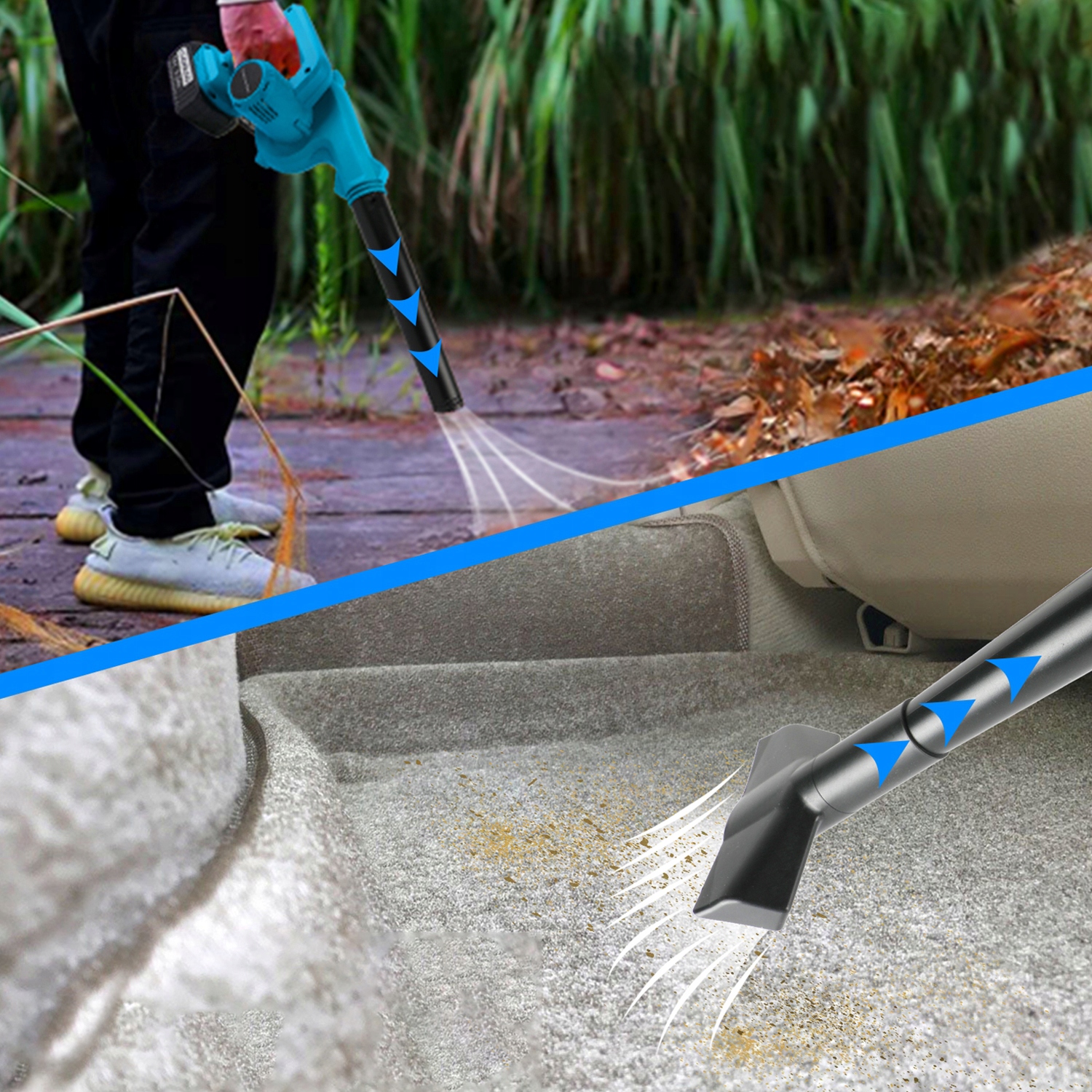 BEZPRZEWODOWA DMUCHAWA ELEKTRYCZNA 2W1 ERGONOMICZNA RĄCZKA 2*AKU 1200MAH Zasilanie akumulatorowe