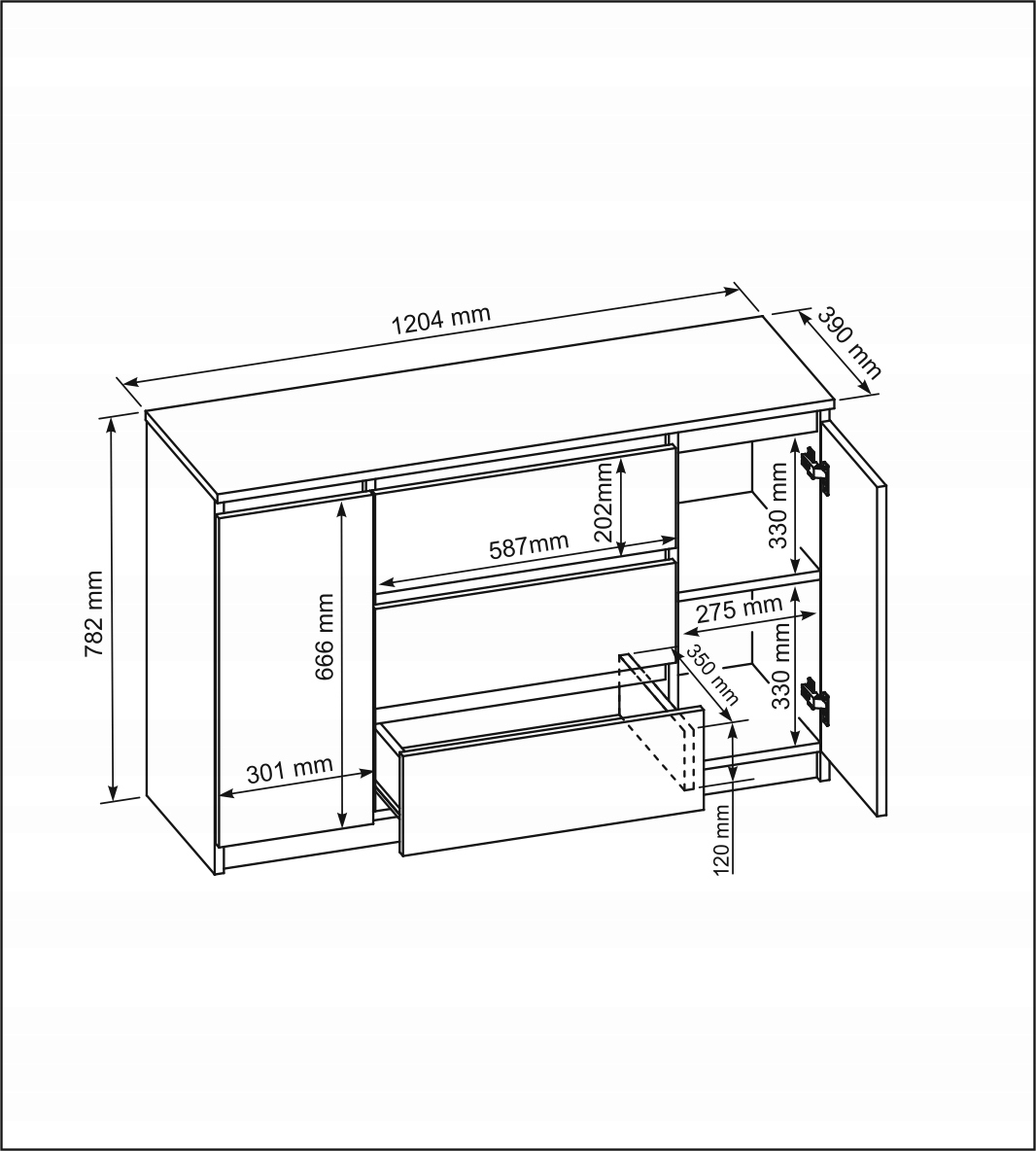 MODERN KOMÓD 120CM 2 AJTÓ 3 FIÓK FEHÉR HÁLÓSZOBA NAPPALI Bútor mélysége 39 cm