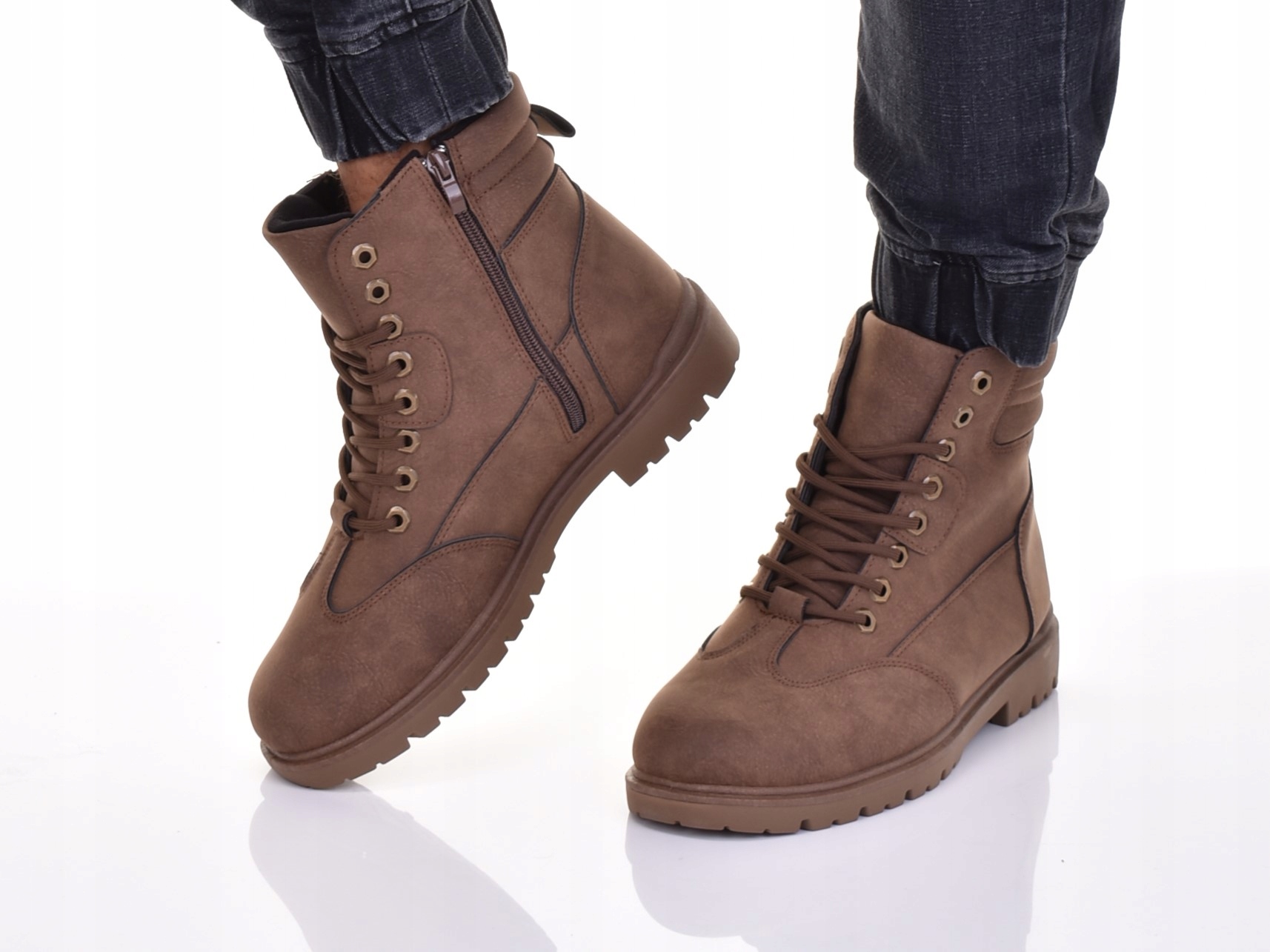 KLASYCZNE MĘSKIE BUTY ZIMOWE BRĄZOWE TRAPERY EKO SKÓRA ŚNIEGOWCE Rozmiar 43