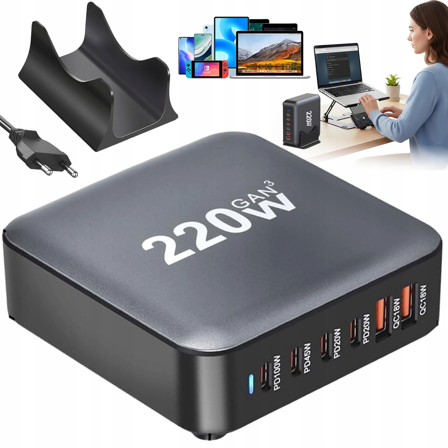 Ładowarka Wieloportowa 220W Usb C Z Sześcioma Portami Szybkie Ładowanie