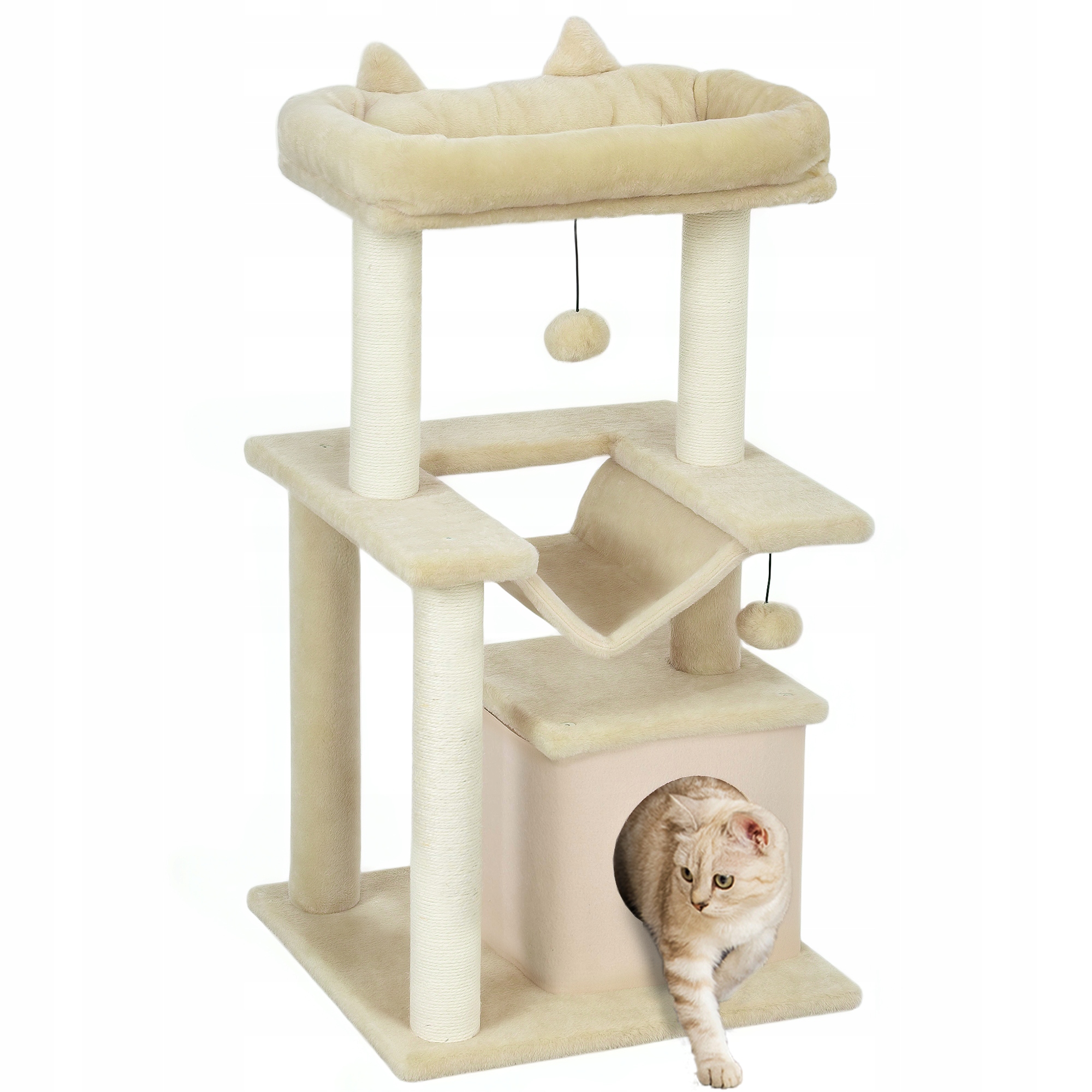 Levně Škrabadlo Stromek Pro Kočky Budka Pelíšek Houpací síť Míč Béžová