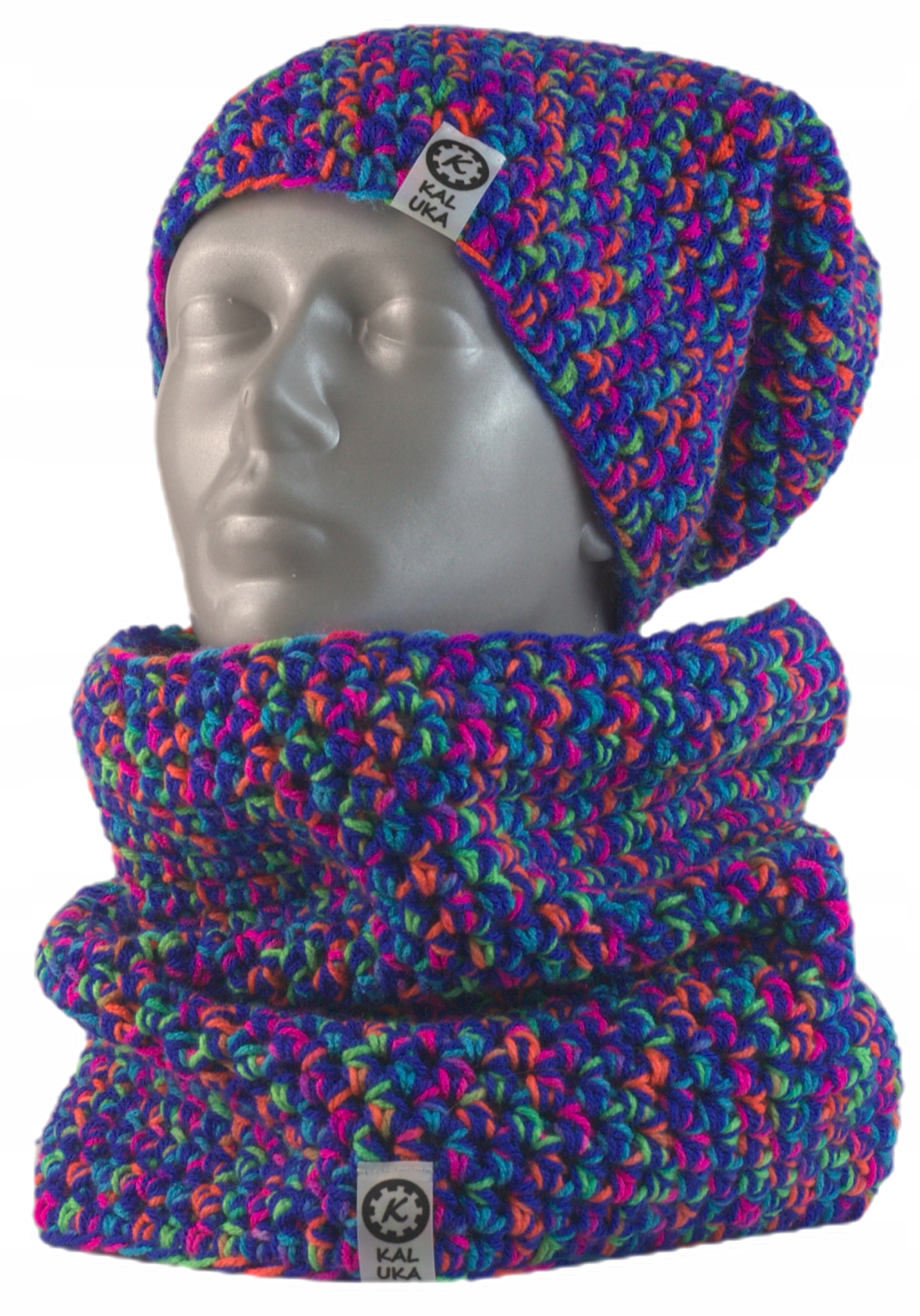 Czapka i komin handmade chabrowy neon melanż L