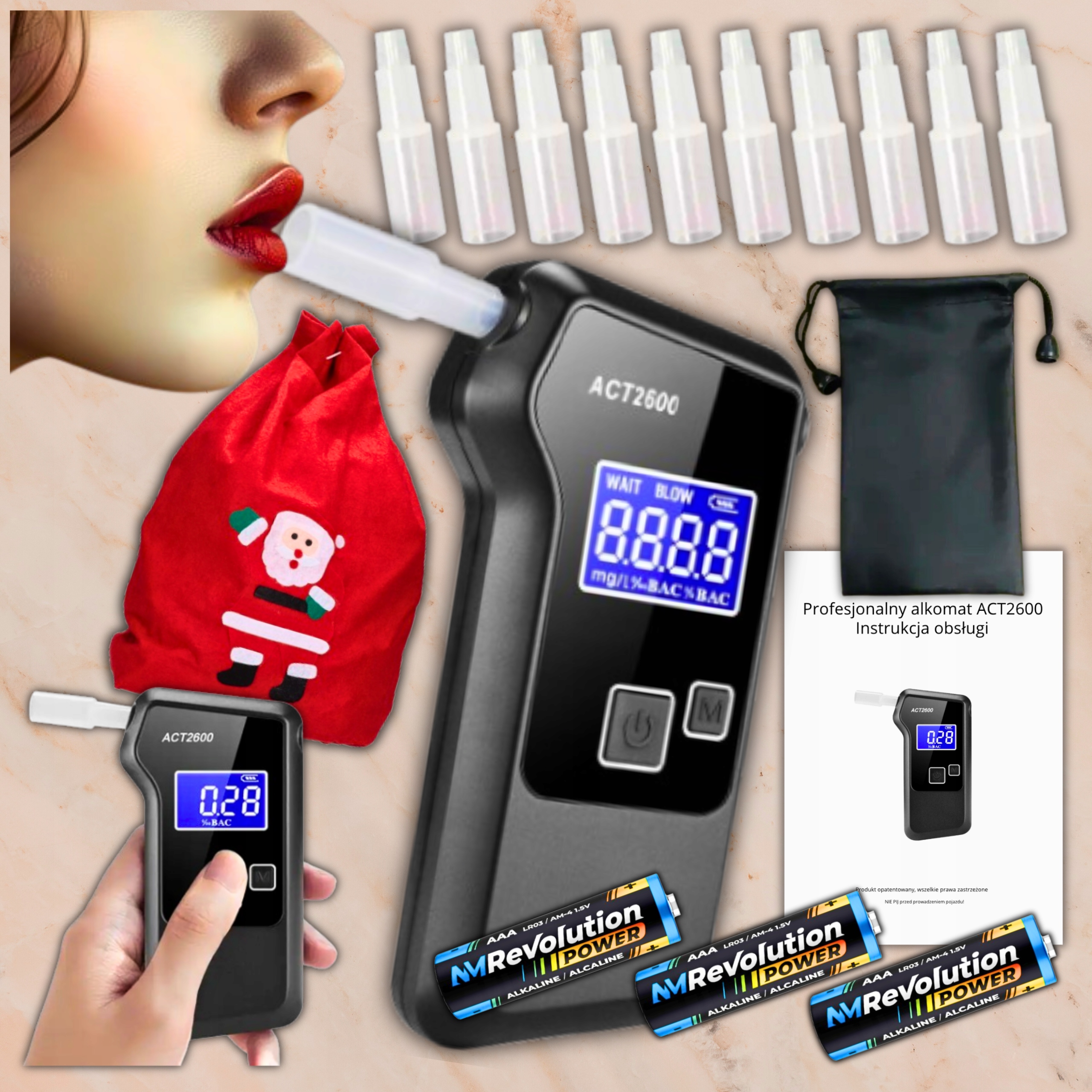 Alkomat elektrochemiczny kalibracja ORYGINALNY 10 USTNIKÓW sensor ZESTAW Rodzaj baterii baterie AAA