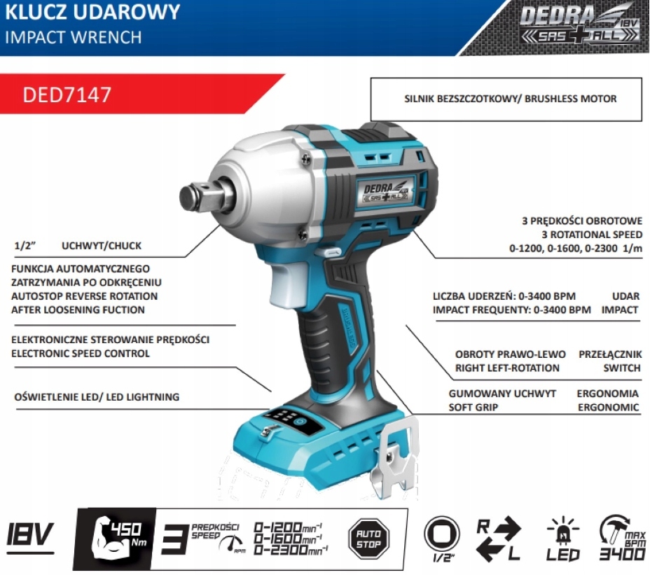 DEDRA KLUCZ UDAROWY AKUMULATOROWY 18V 450Nm 1/2'' 4.0Ah ZESTAW ZASILAJĄCY Rozmiar trzpienia 1/2''