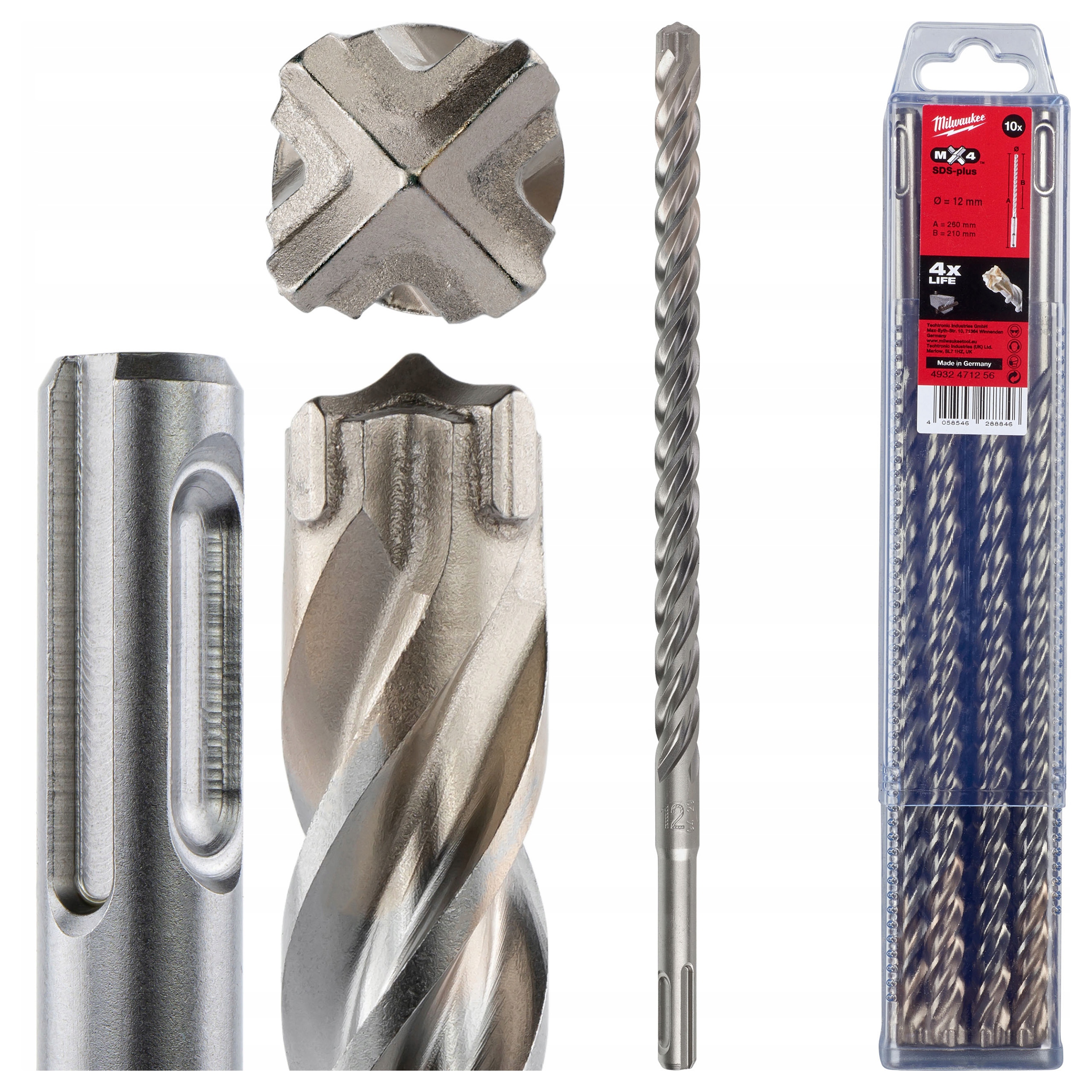 Wiertła do betonu zbrojonego Sds Plus 12 x 200/260 mm 10 szt. Milwaukee MX4