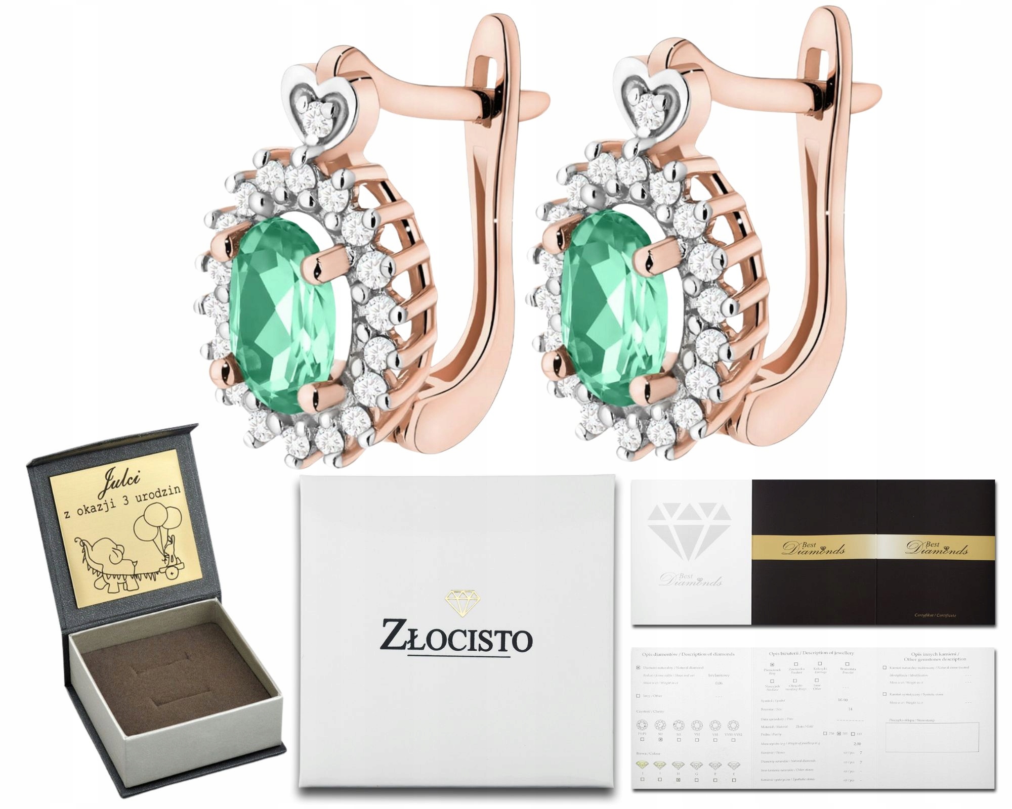 Růžové Zlato Náušnice Zelený Smaragd Brilianty Diamanty Zlato 585 Dárek