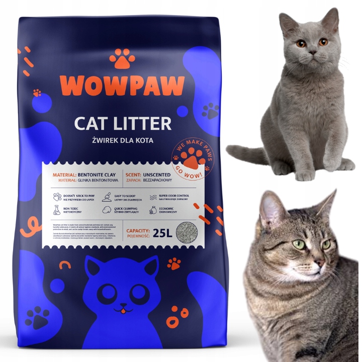 Żwirek Dla Kota Bentonitowy Bezzapachowy 25L Zbrylający Naturalny Bezpyłowy
