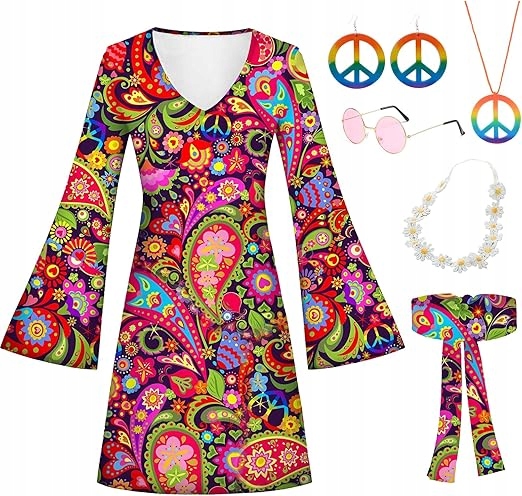 Dámský hippie Šaty Kostým náhrdelník čelenka květiny barvy vzor
