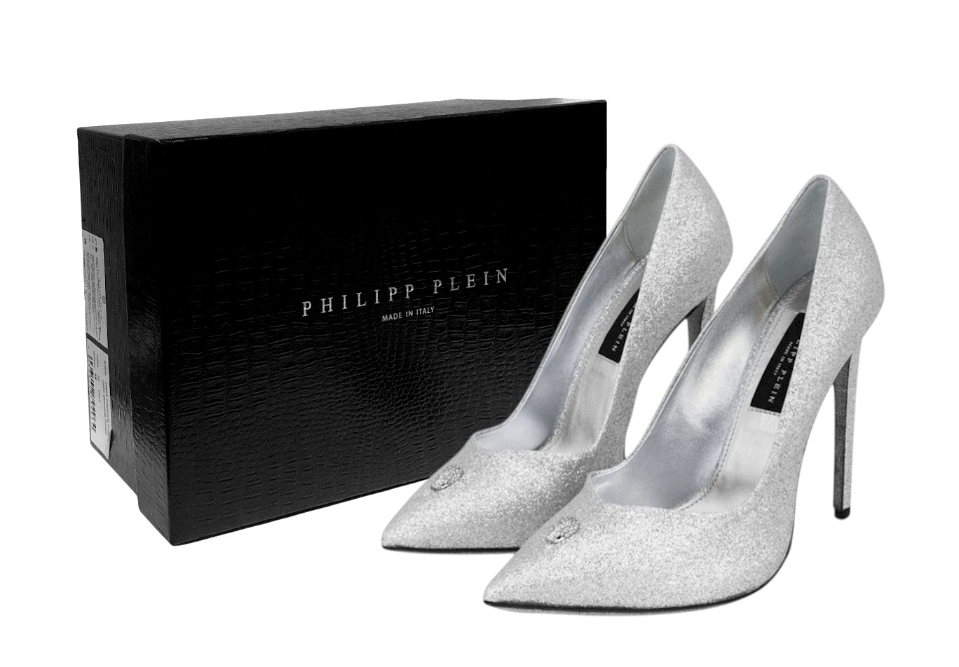 Philipp Plein Buty Srebrne Brokatowe Szpilki Pads WSD0529 Czółenka r. 38