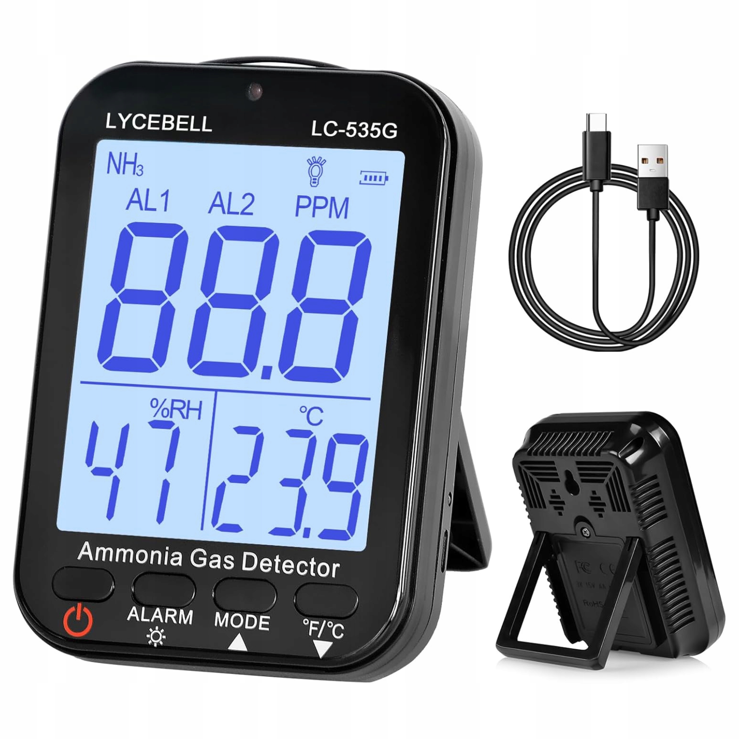 Detektor plynu Amoniaku Monitor NH3 0-100ppm Akumulátor IP54 Alarm 535G