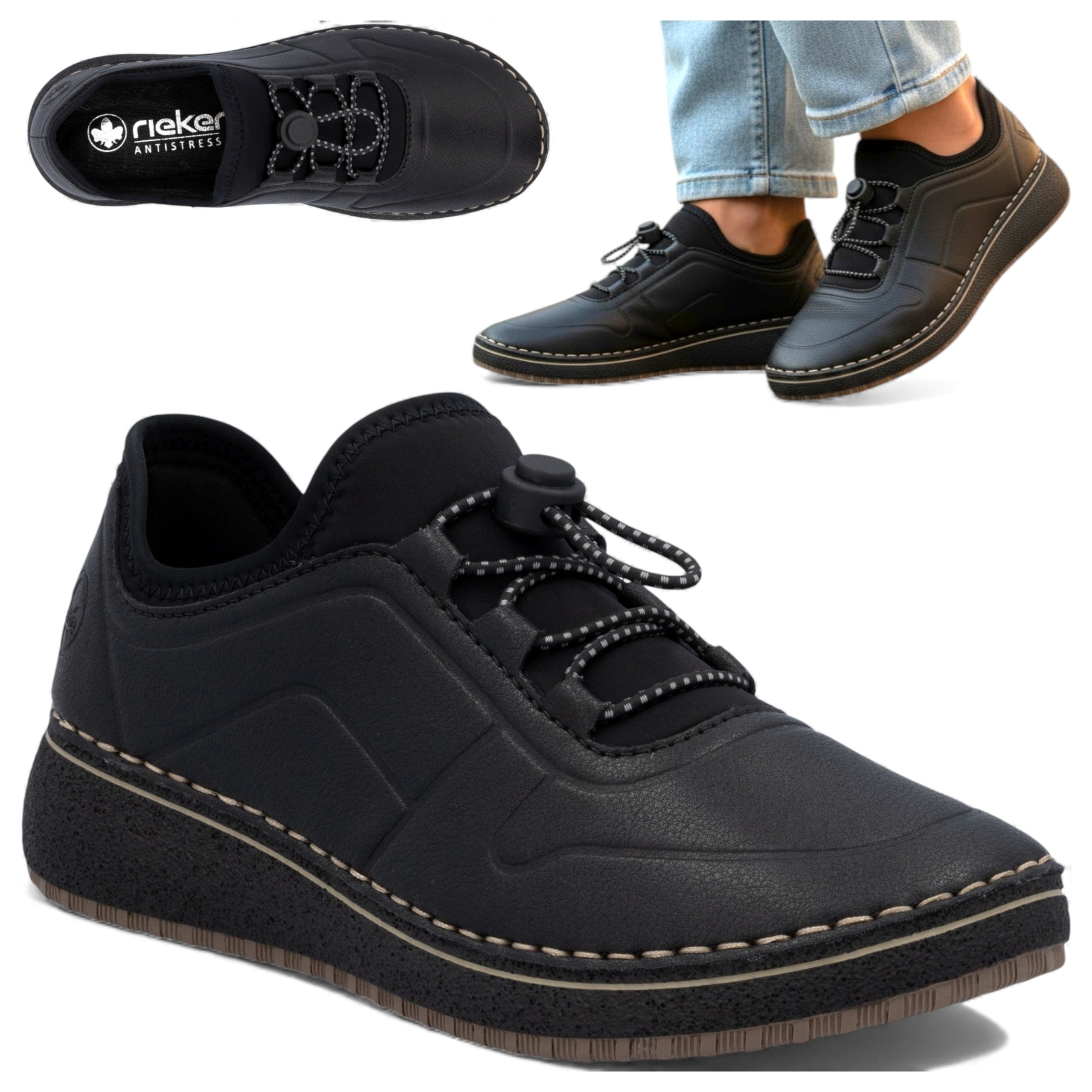 Półbuty Damskie Skórzane 41 Rieker Czarne Sneakersy Sportowe Wsuwane Wiosna