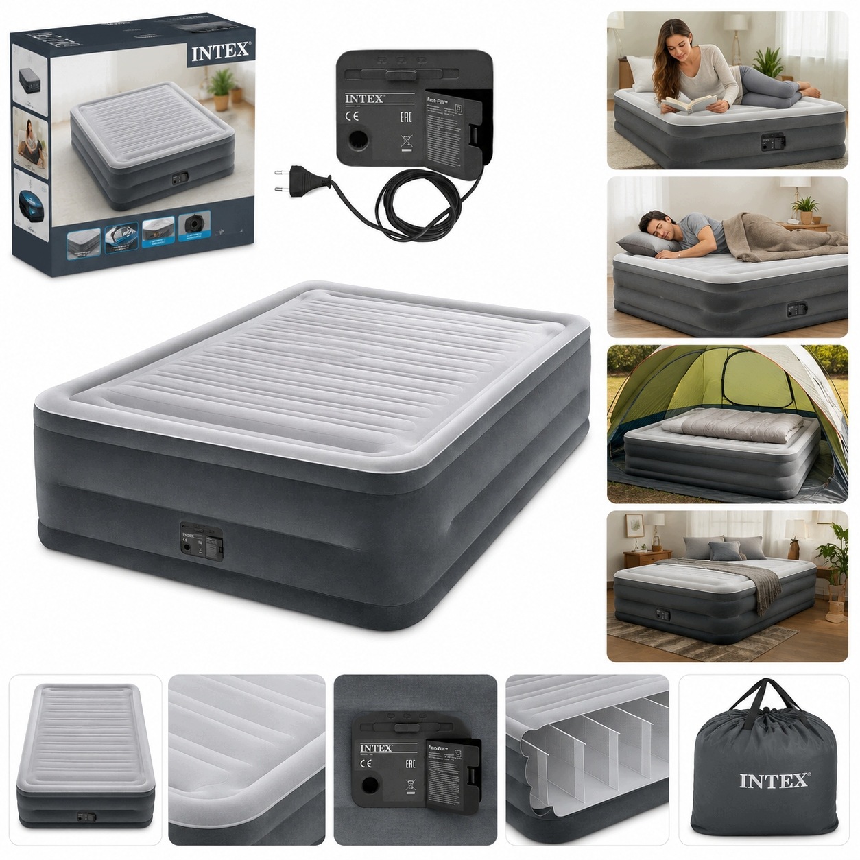 Materac Dmuchany Dwuosobowy Łóżko Z Pompką 220V 152 X 203 X 46 CM Intex