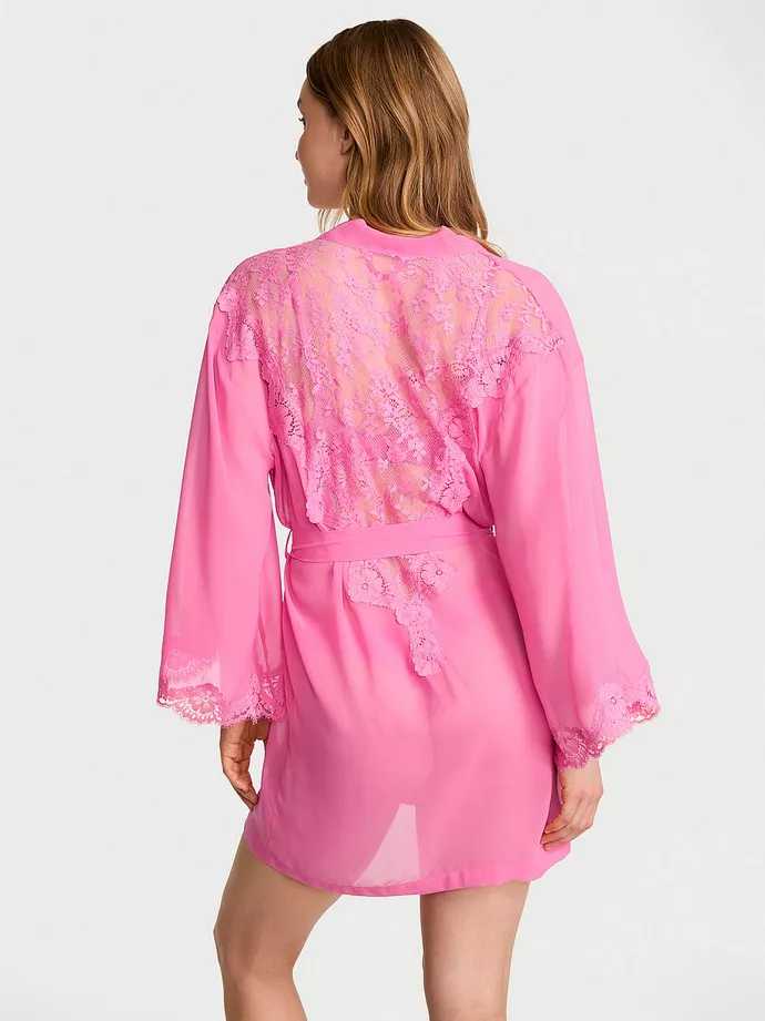 Victoria's Secret dámský župan Chiffon & Lace Short Robe růžový M/L