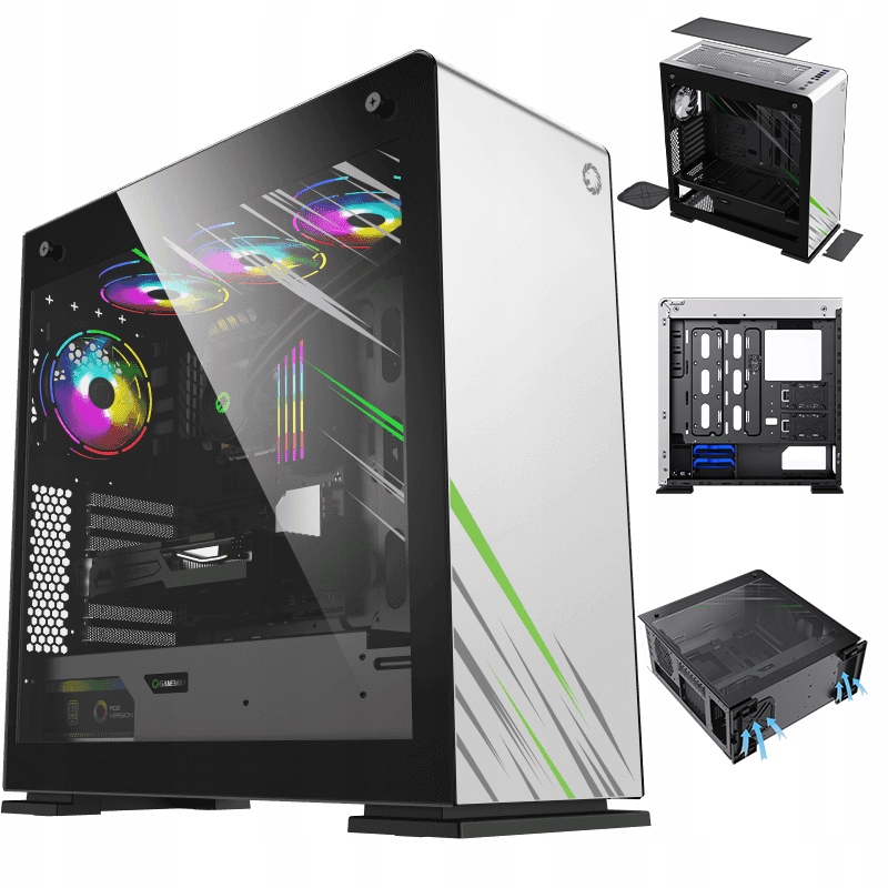 Počítačová Skříň Tower Atx MIDI Usb Pc Počítačové Gaming Sklo White Coil