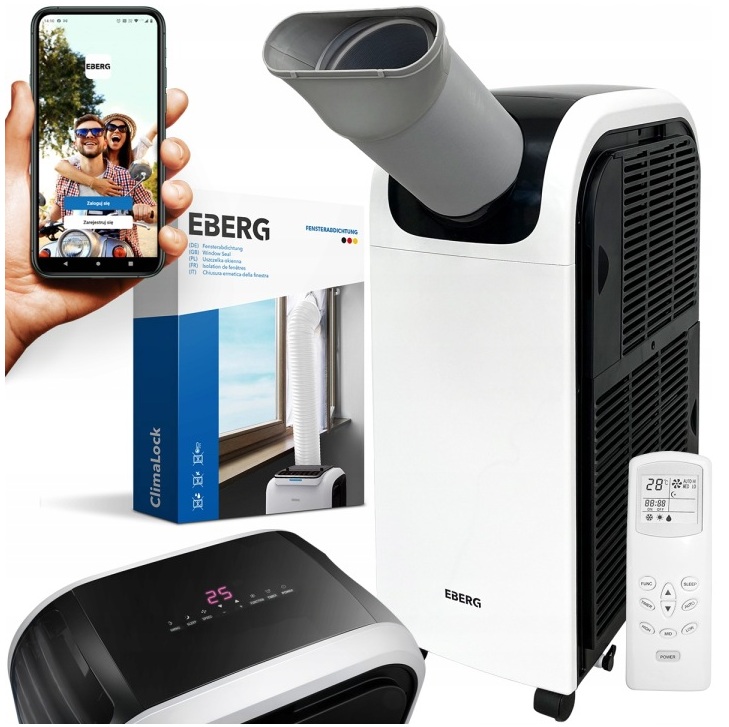 Klimatyzator przenośny 4w1 Eberg Qubo 4kW Osusza 70l/24h+WiFi +Pompa ciepła