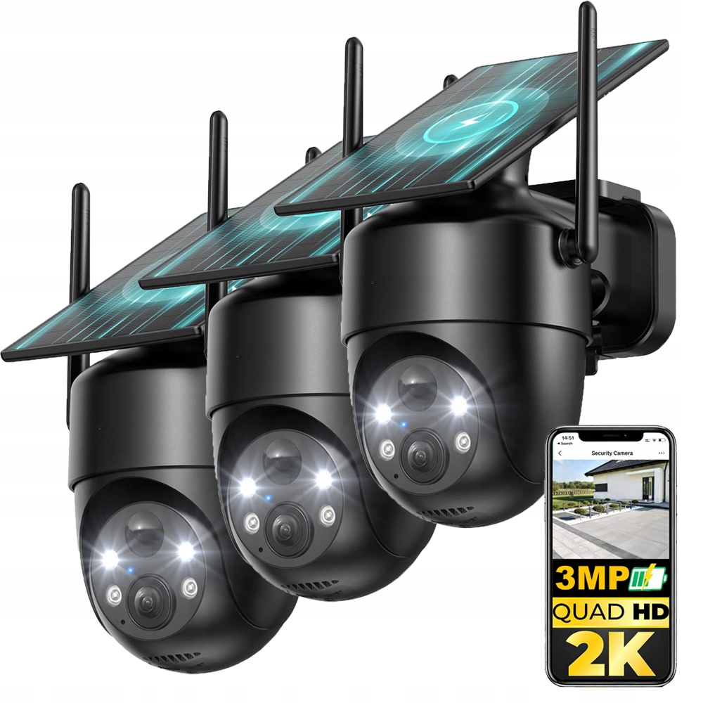 3x Solární otočná kamera 2K venkovní bezdrátová noční vidění barevná