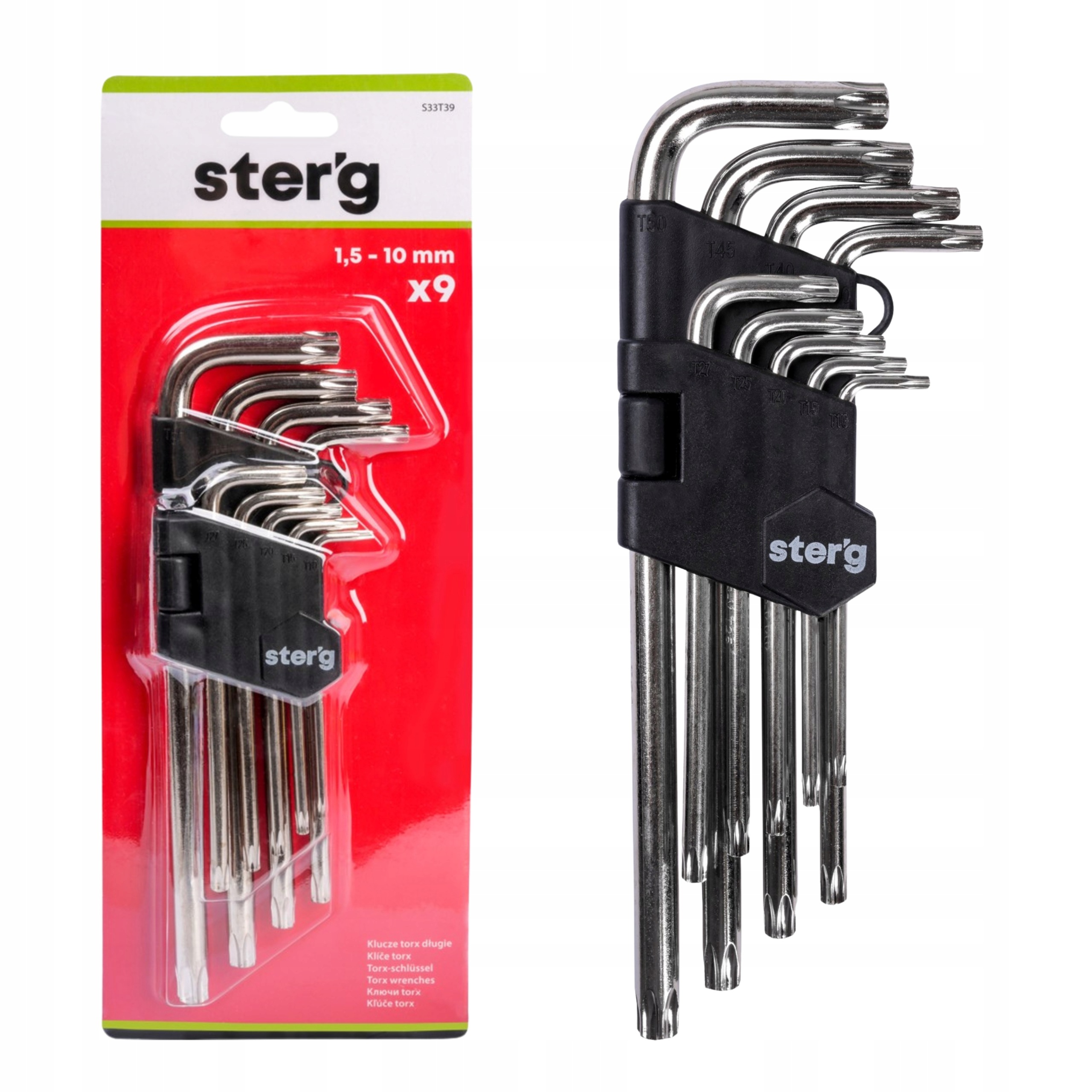 Zestaw kluczy Torx Długie 9 szt z otworem T10 T50 Stal CrV Sterg