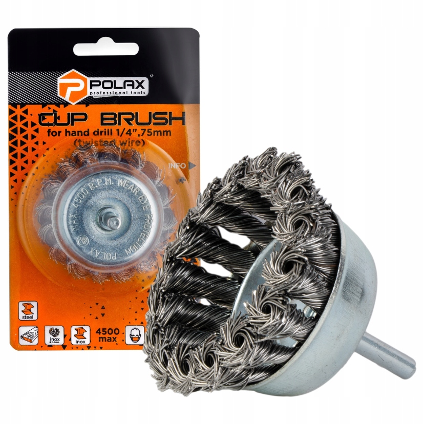 POLAX SZCZOTKA CZOŁOWA DO WIERTARKI Z TRZPIENIEM 1/4" DRUT PLECIONY 75MM