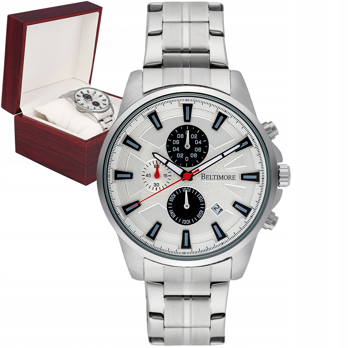 Pánské hodinky náramek datumovka chronograf křemenný stříbrný Beltimore