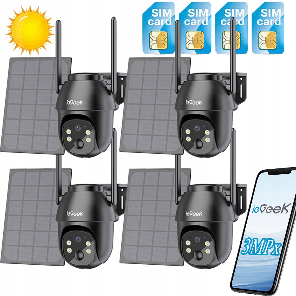 Venkovní Otočná Solární Kamera Gsm 4G Lte Sim 2K 3MPX IP65 4ks