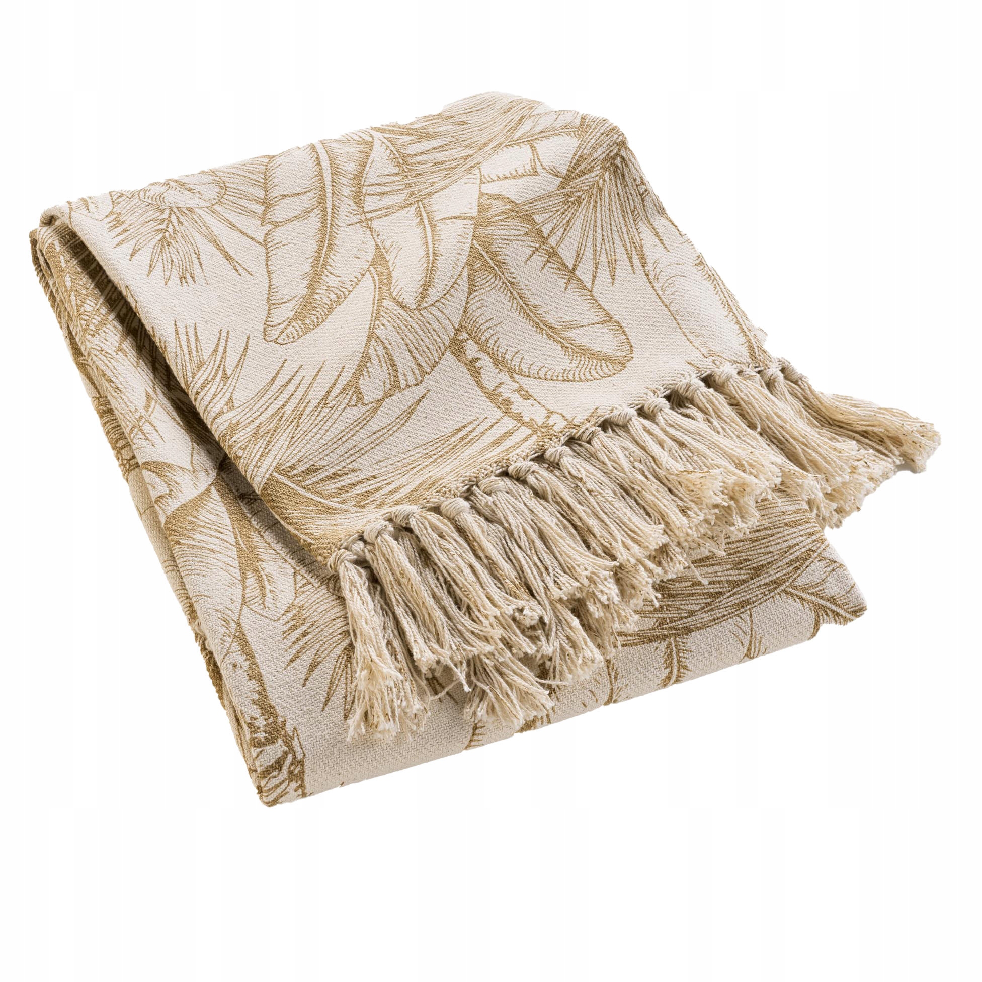 Přehoz Na Pohovku Béžový Bavlněný Motiv Listů Deka S Třásněmi Dune 125x150
