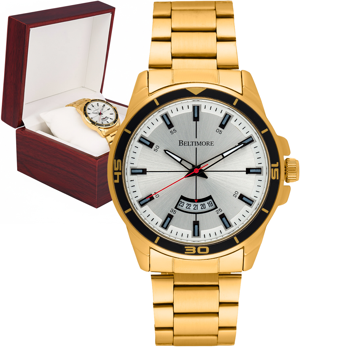 Pánské hodinky náramek datumovka velká zlatá křemenná krabička Beltimore