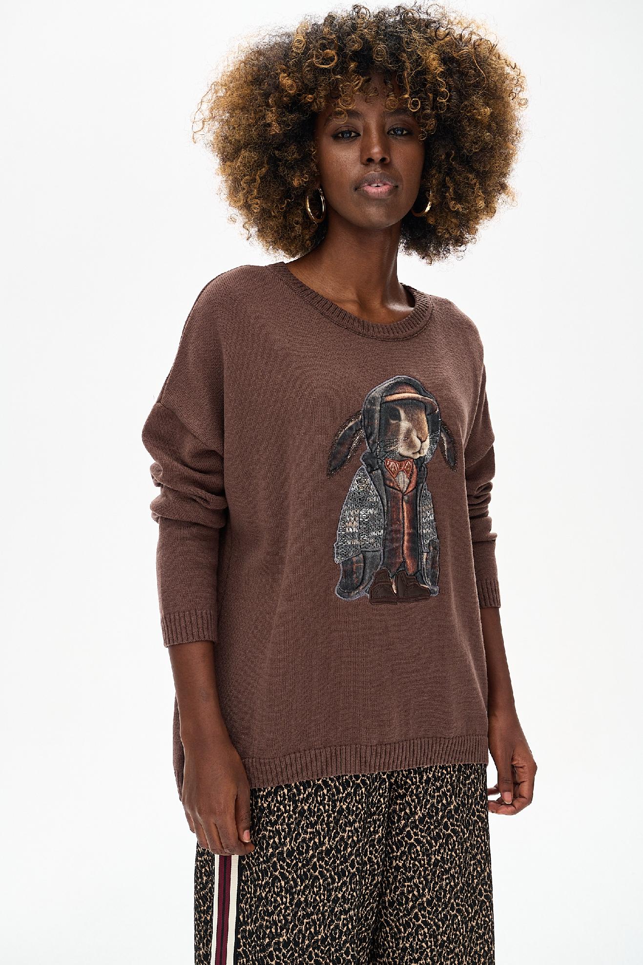 Dámský svetr s aplikací hnědý Boni blue shadow vel. 36/38