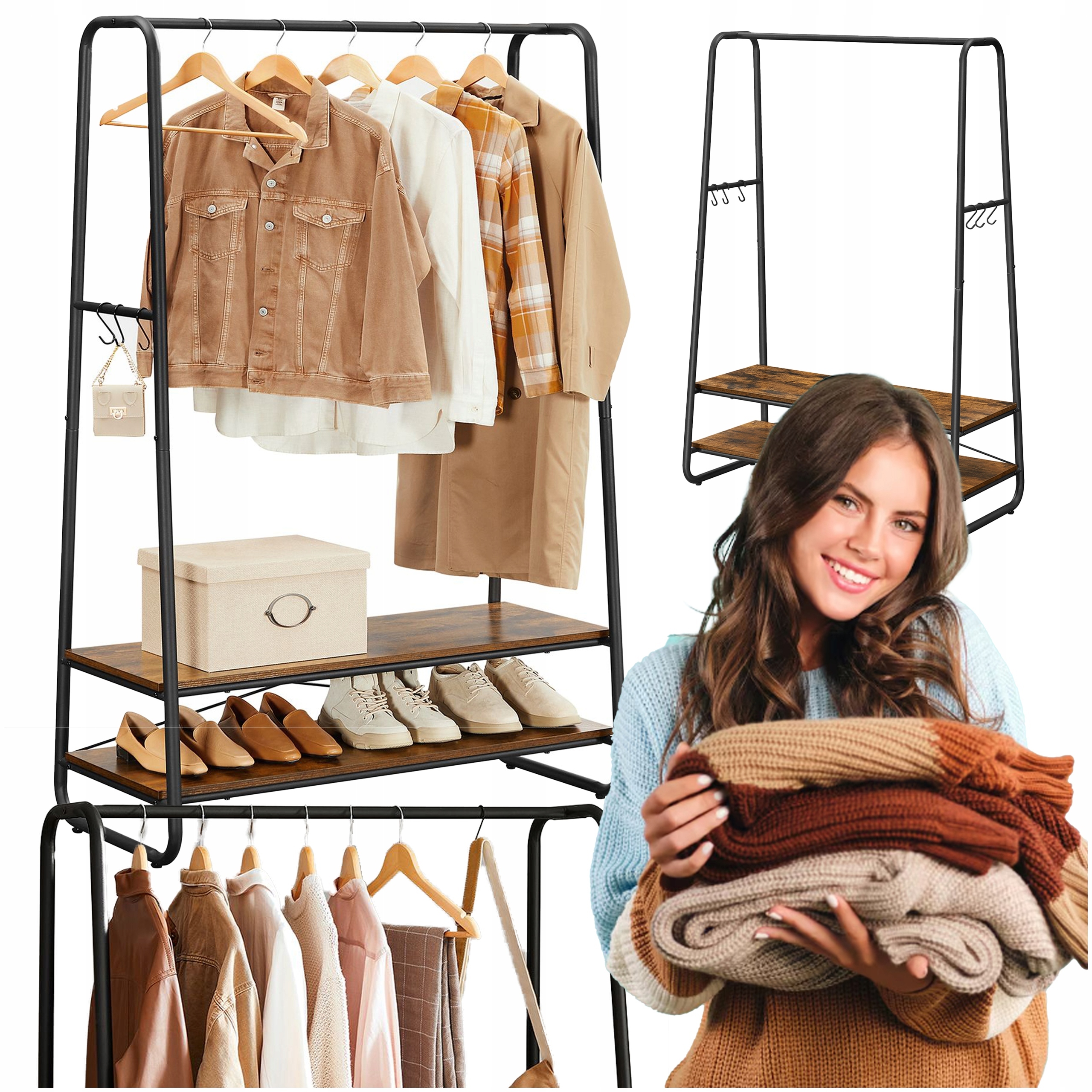 Stojanový věšák na oblečení a boty Stojan na šatní skříň s policemi dřevěný Hnědý