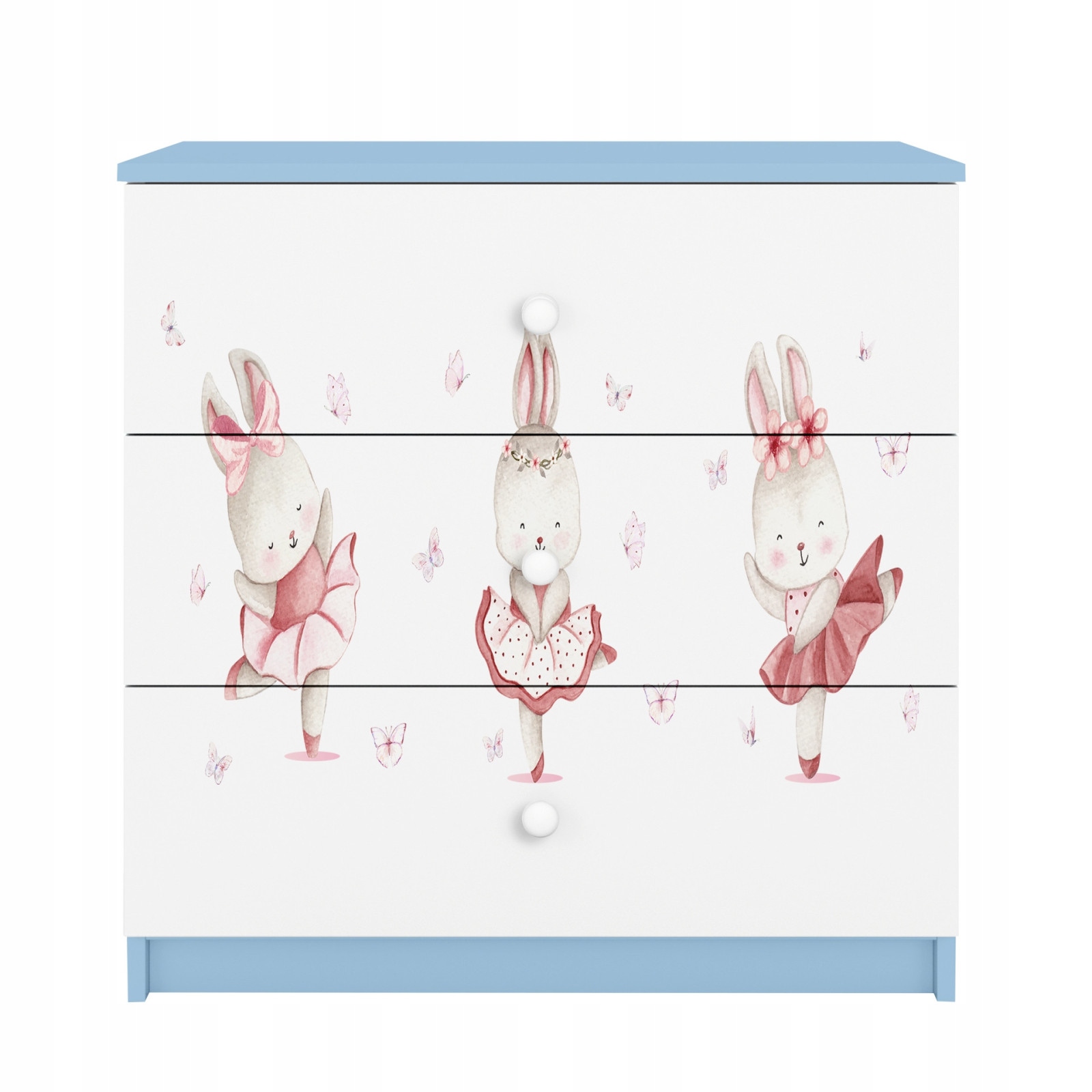 Komoda Babydreams modrá grafika Králíčci s motýlky 80 cm