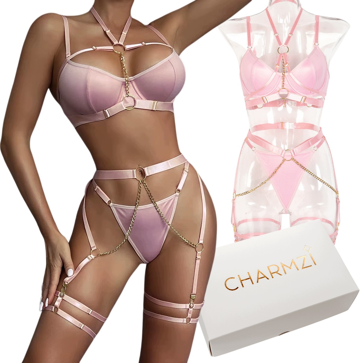 Dámské růžové spodní prádlo Komplet s páskem Wetlook Harness Sada na Dárek XL