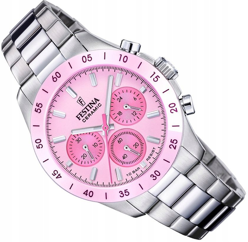 Módní Dámské Hodinky Festina F20693/2 Chrono Růžové Keramické Bezel 39 mm