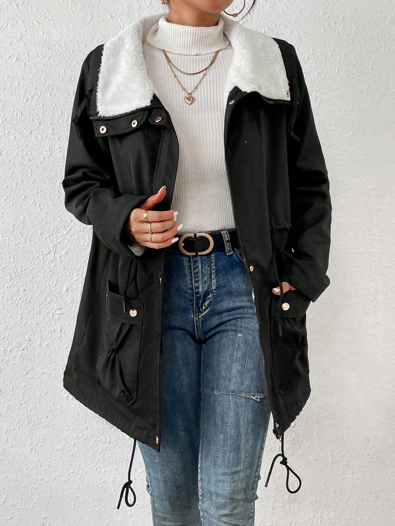 Dámská Bunda Parka Teddy Bear Černá Casual Shein M 38