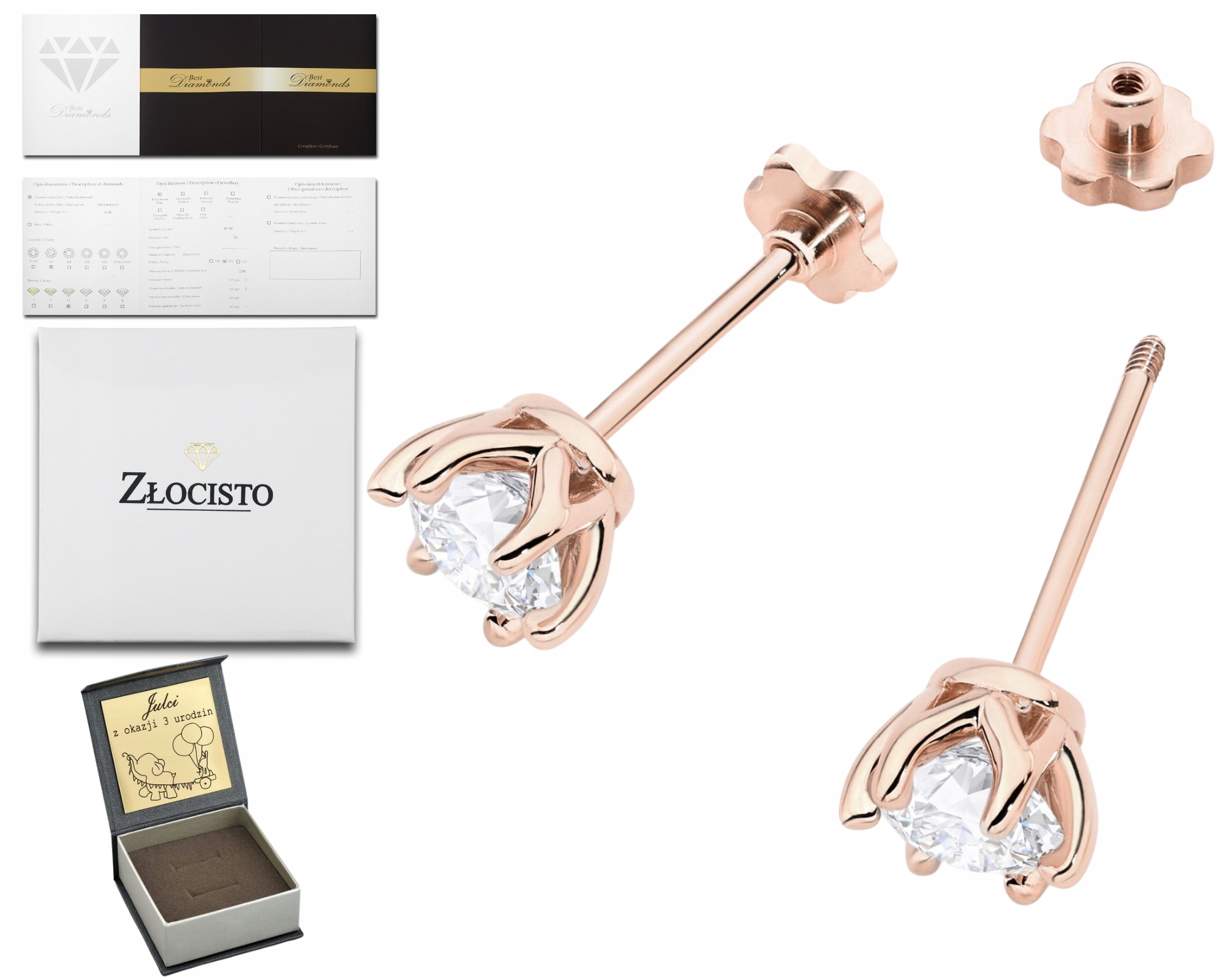 Růžové Zlato Náušnice S Diamanty, Laboratoriálním Šroubovacím Písničkem, Zlato 585, Dárek Gravírování