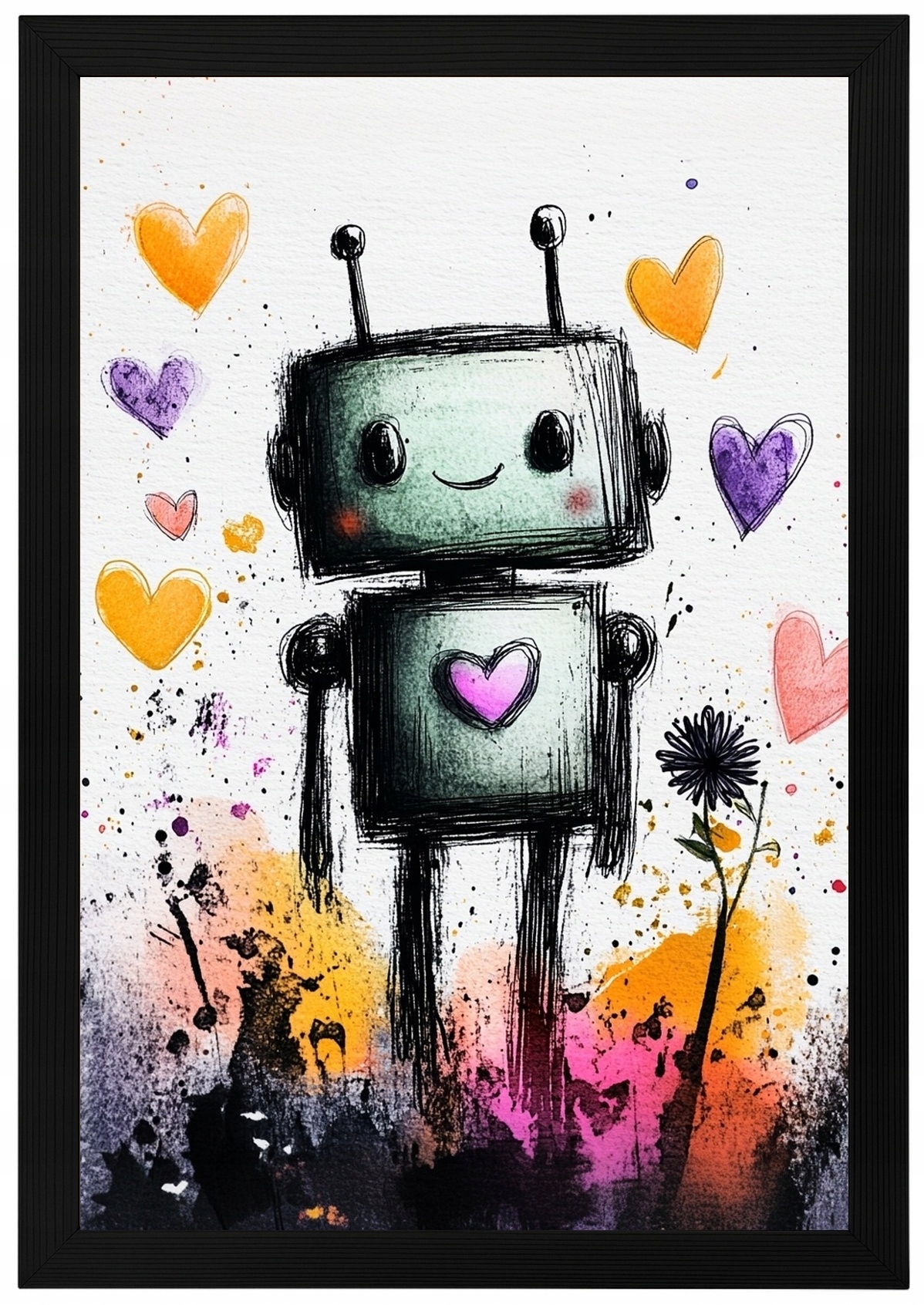 Rámeček Plakát , Dřevěná Grafika, Portrét, Robot, Android, Srdce, 40x60
