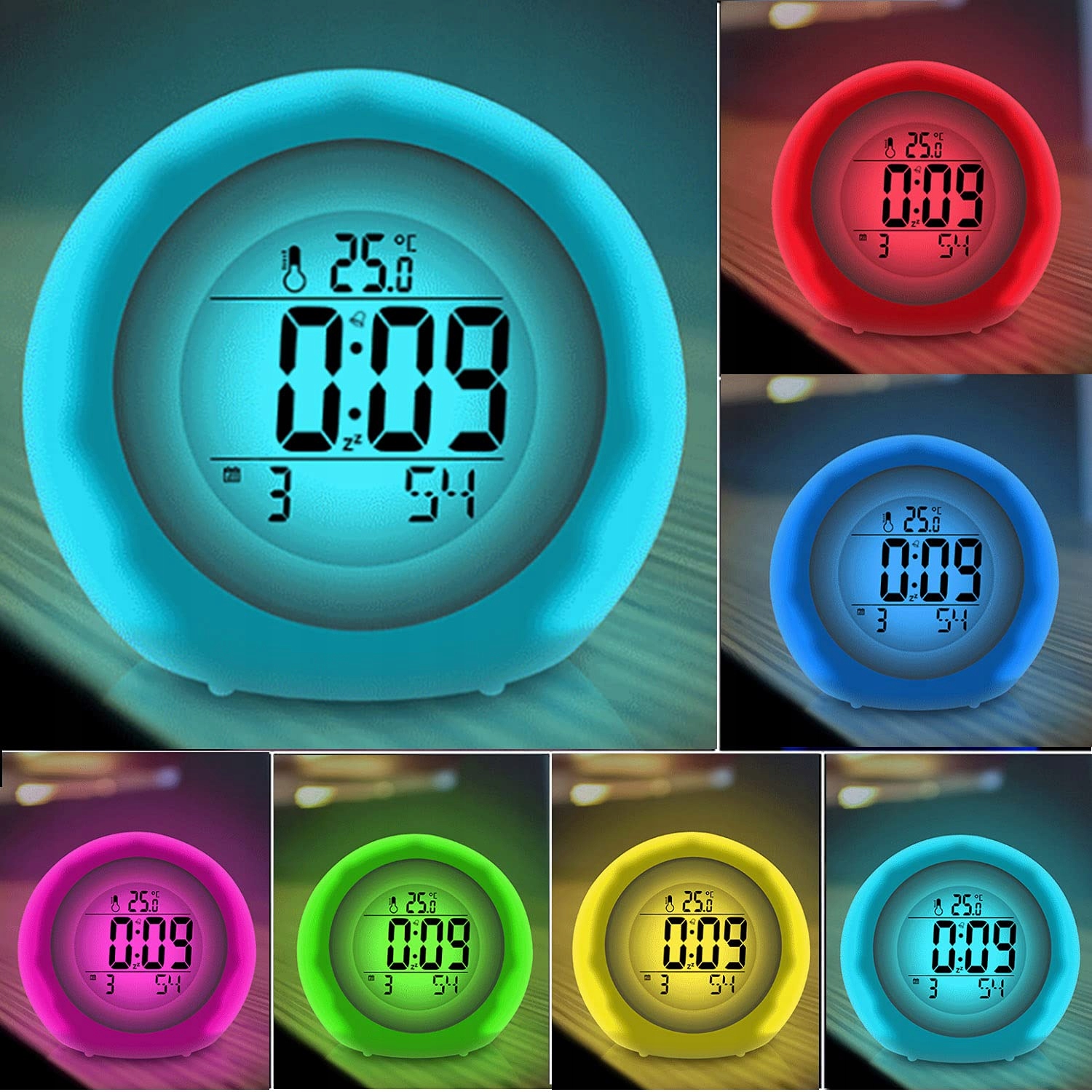 KOLOROWY BUDZIK DLA DZIECI 6 DŹWIĘKI NATURY LED NA PREZENT Średnica 0 cm