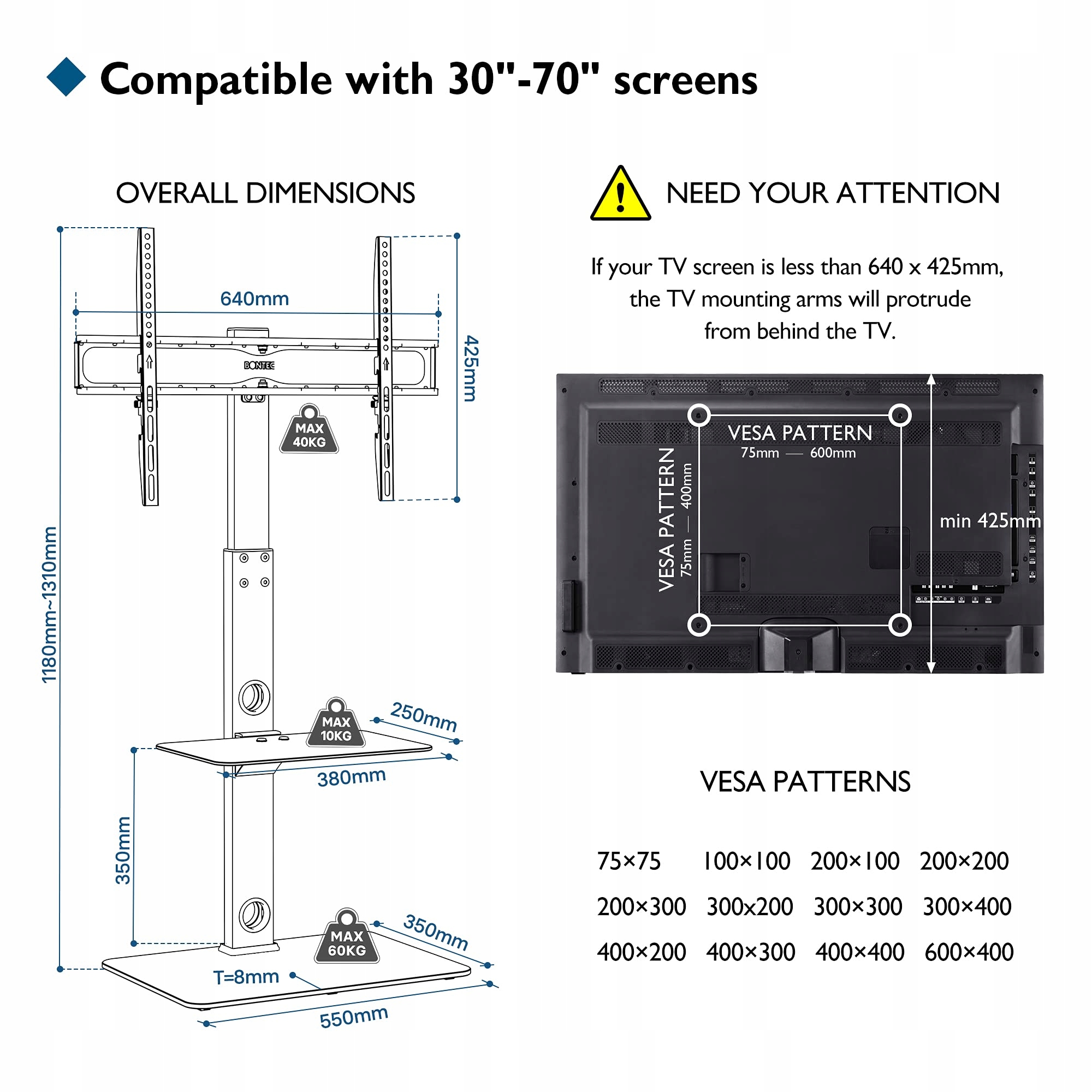 BONTEC Stojak TV 30-70 cali LED OLED LCD Plasma Regulowany VESA 600x400 — miniatura 5