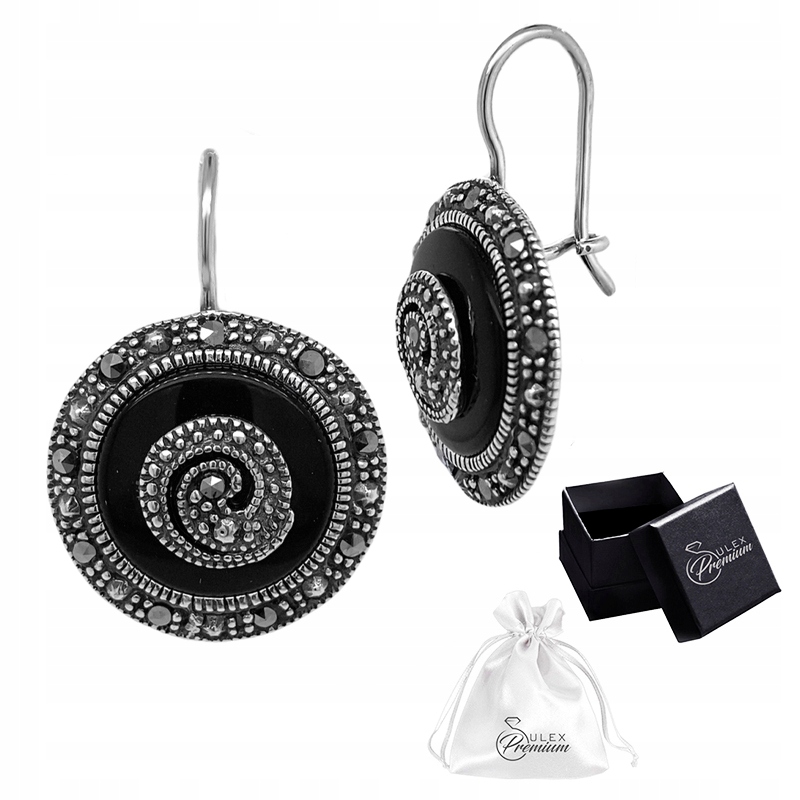 Stříbrné náušnice ryzost 925 Exkluzivní Náušnice s Onyxem a Markýzami