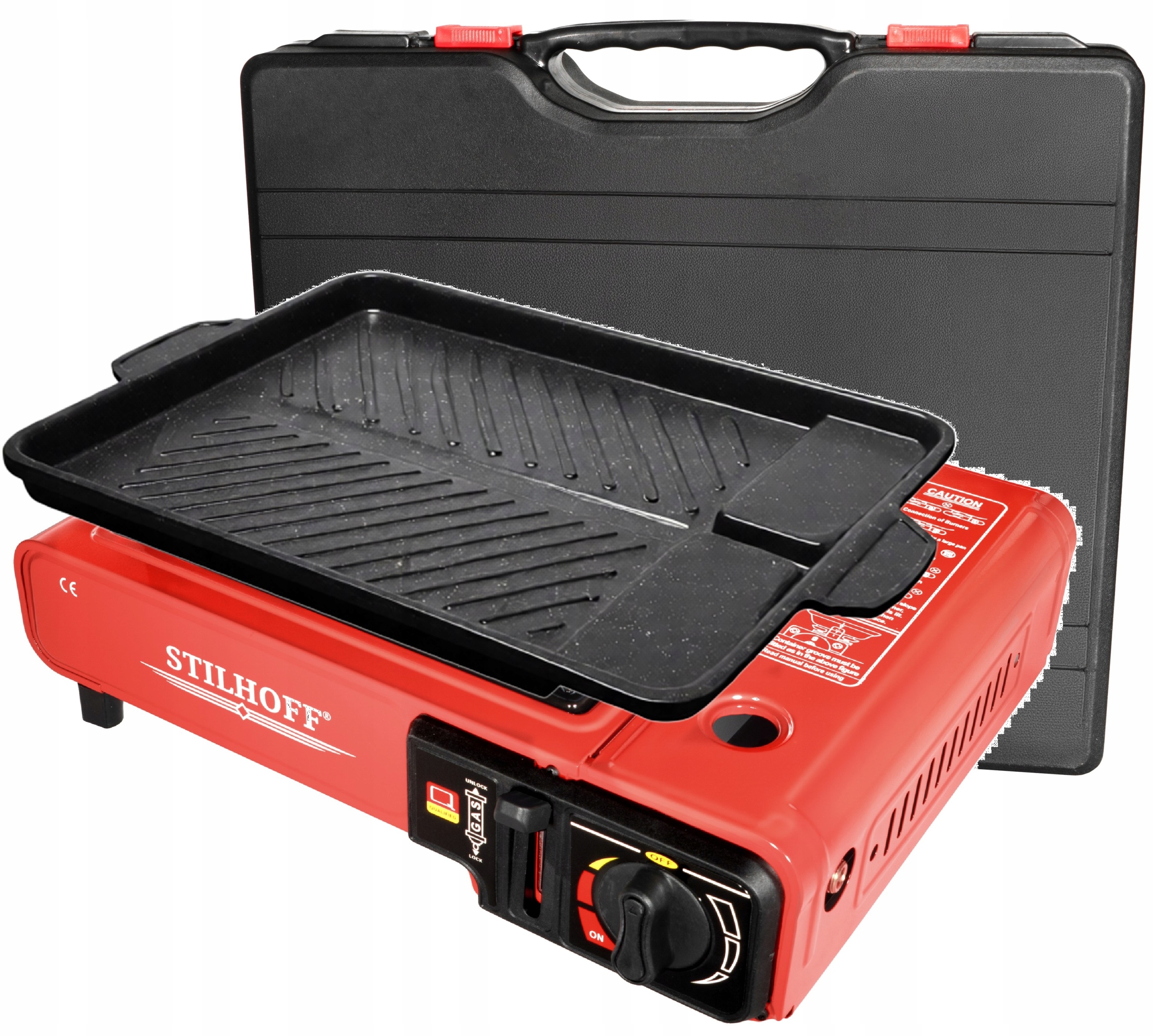 Turistický plynový vařič Stilhoff na kartuši, kufr, grilovací deska