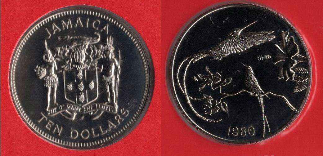 JAMAJKA 1980 10 DOLLARS Z ZESTAWU WĄSKI NAPIS 