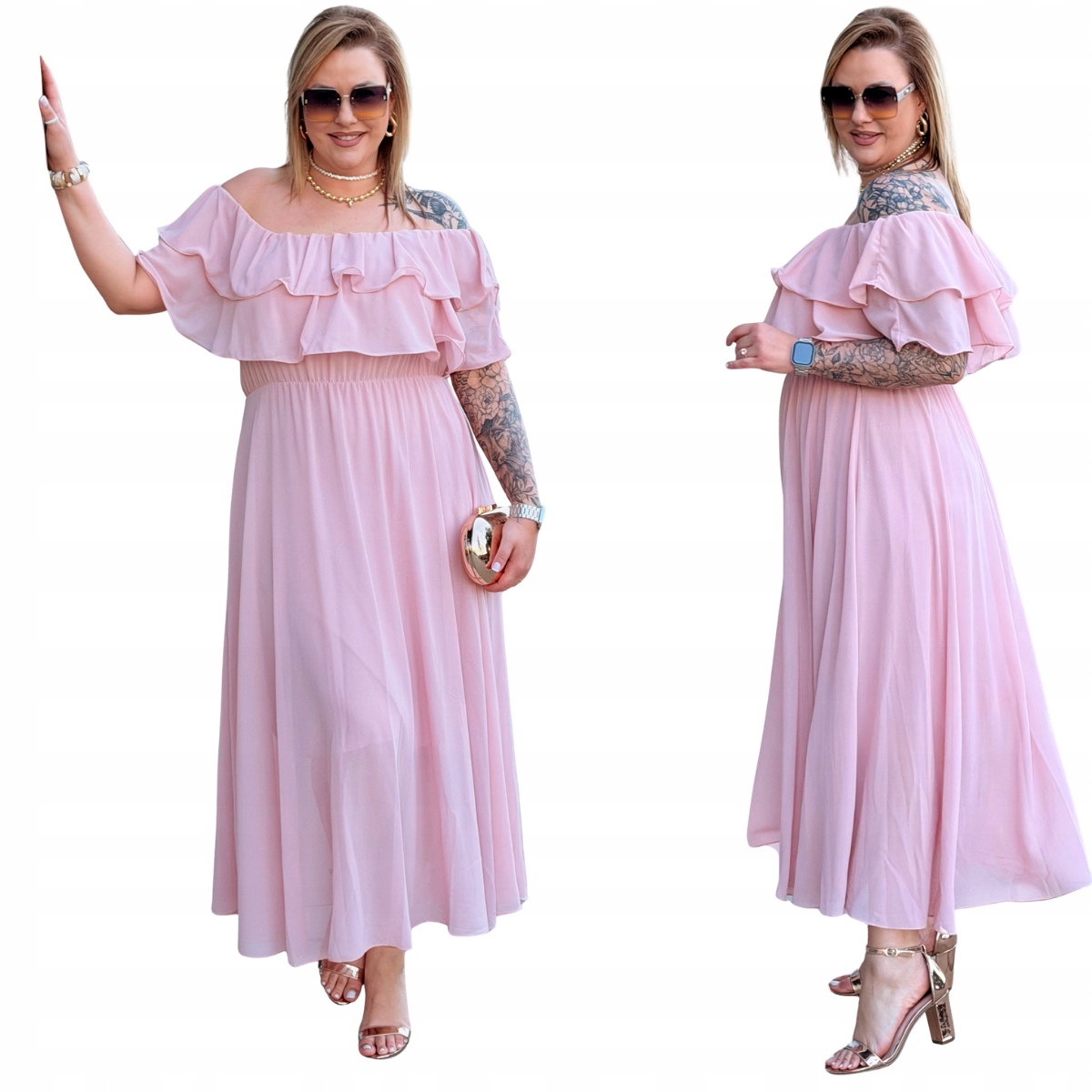 Šaty Maxi Plus Size Cavaricci Španělka se třpytkami Růžová