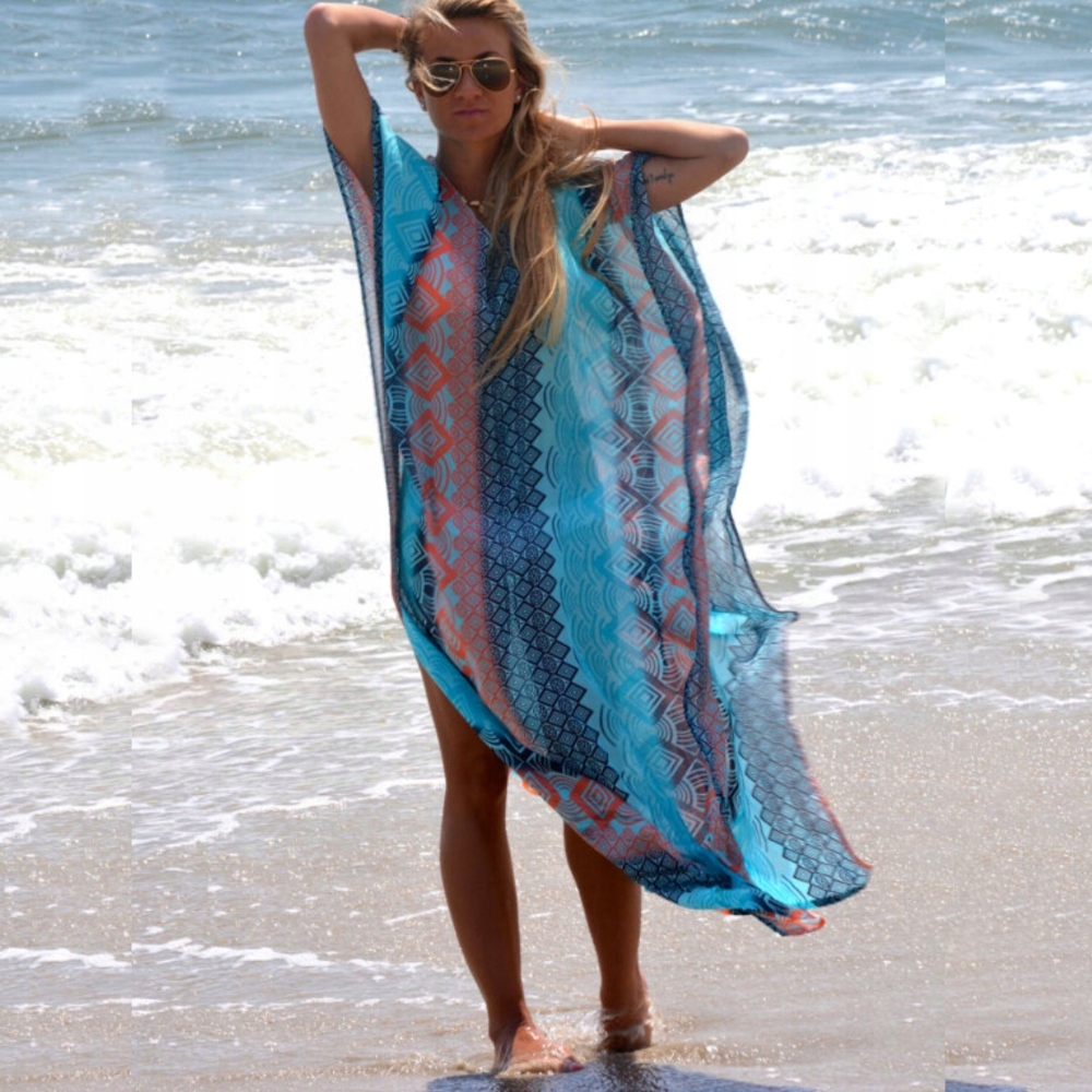 PAREO PLAŻOWA SUKIENKA DŁUGA TUNIKA BOHO PLAŻĘ NARZUTKA na strój kąpielowy Wzór dominujący bez wzoru