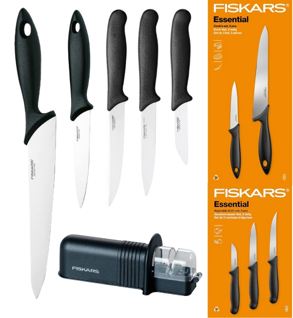 Fiskars Essential Kpl 5 Noży (kuchenne Do Warzyw) W Pudełku Ostrzałka