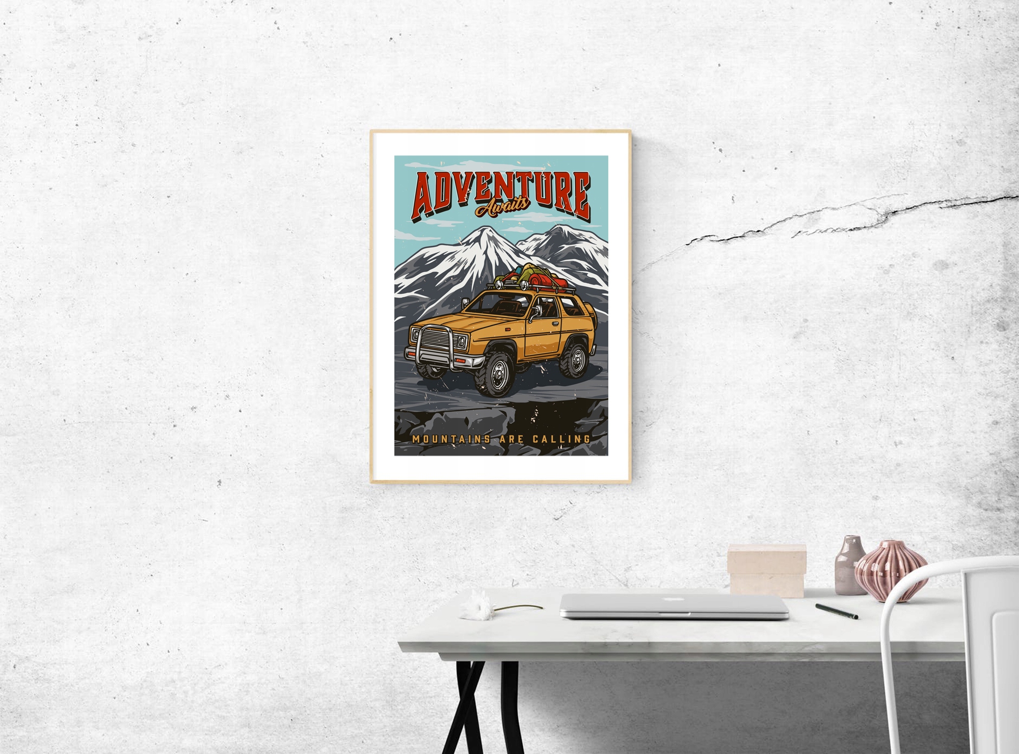 Plakat A3 vintage retro góry samochód adventure Tematyka motoryzacja pejzaże inna tematyka