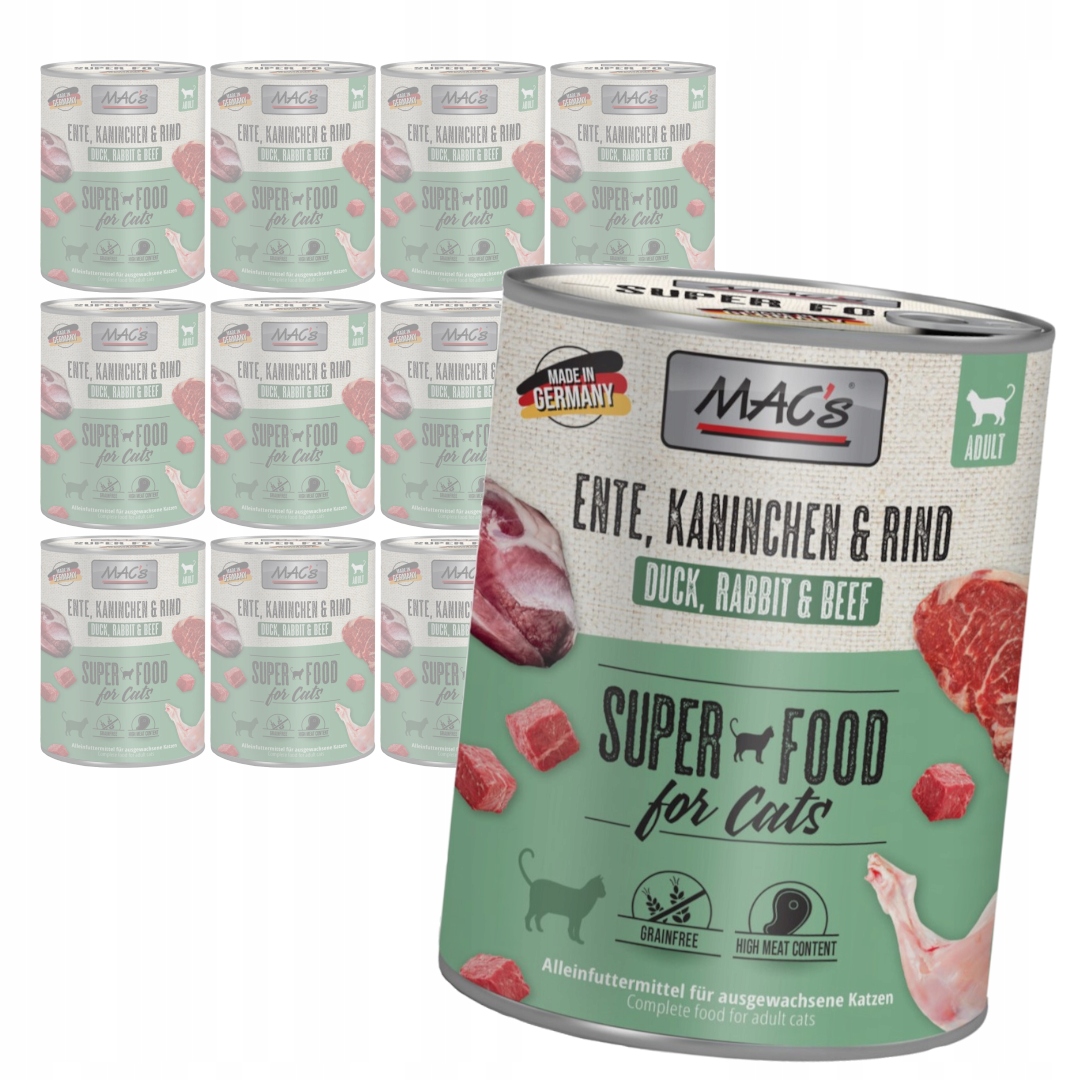 Levně MAC's 12x800g Bezobilné Mokré Krmivo Pro Kočky Kachna Králík Hovězí maso