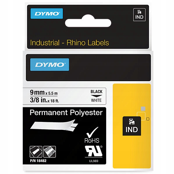 ORYGINALNA Taśma DYMO IND Rhino poliestrowa 9mm x 5,5m biała / czarny